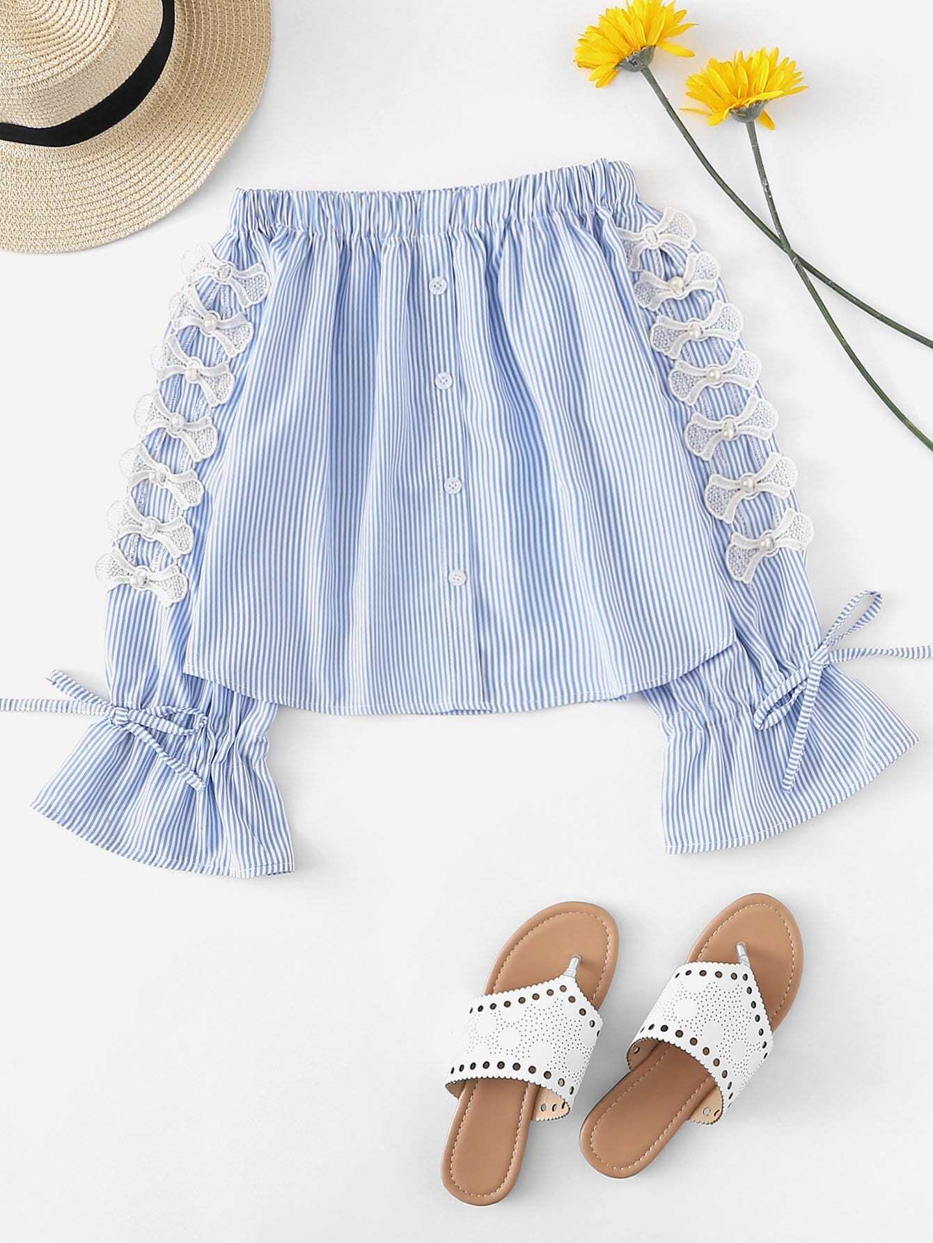 Off The Shoulder Striped Drawstring Pearl Detail Blouse