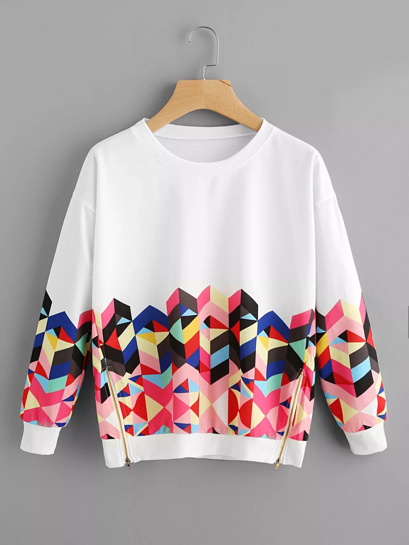 Geo Print Zipper Side Drop Shoulder Sweatshirt