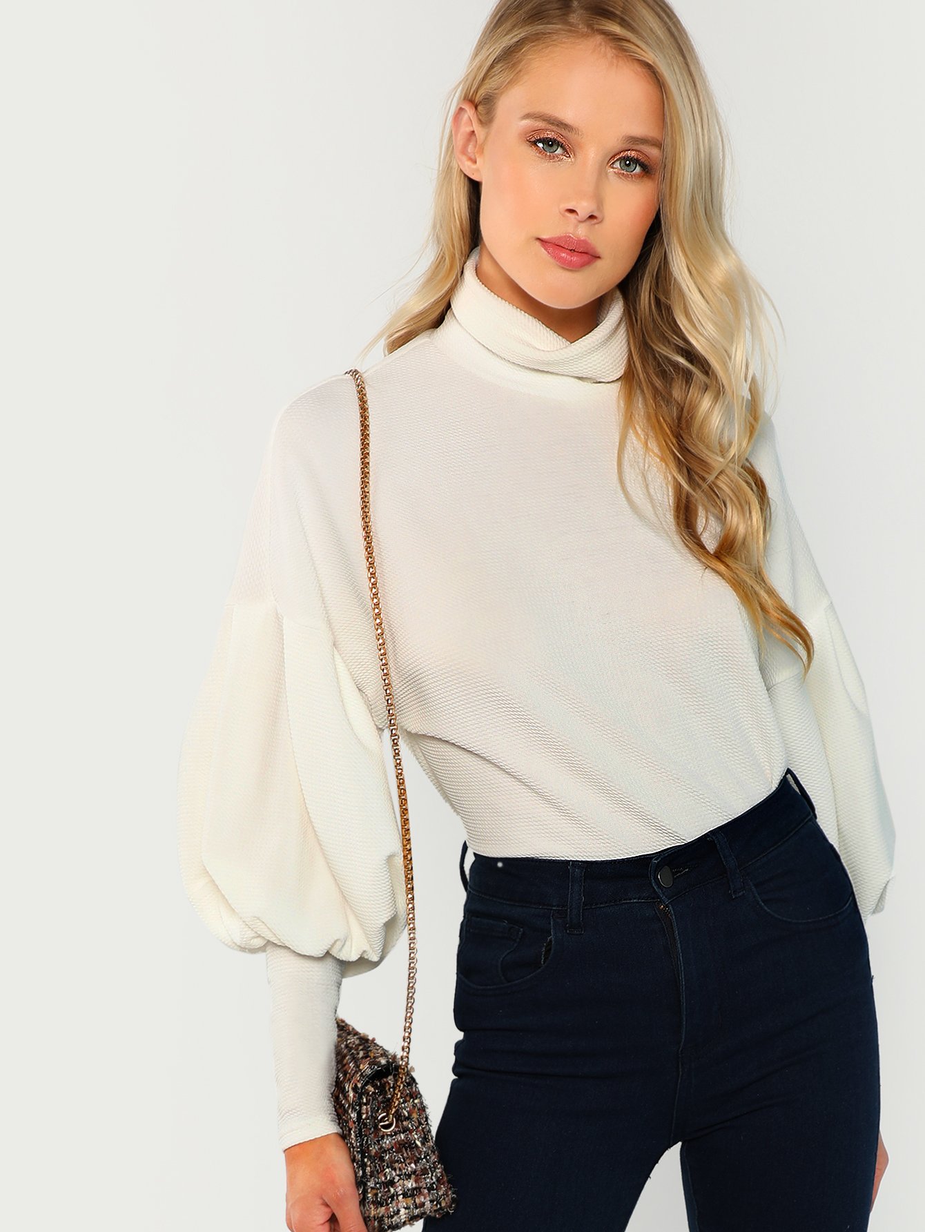 Mock Neck Leg-of-Mutton Sleeve Твердый пуловер