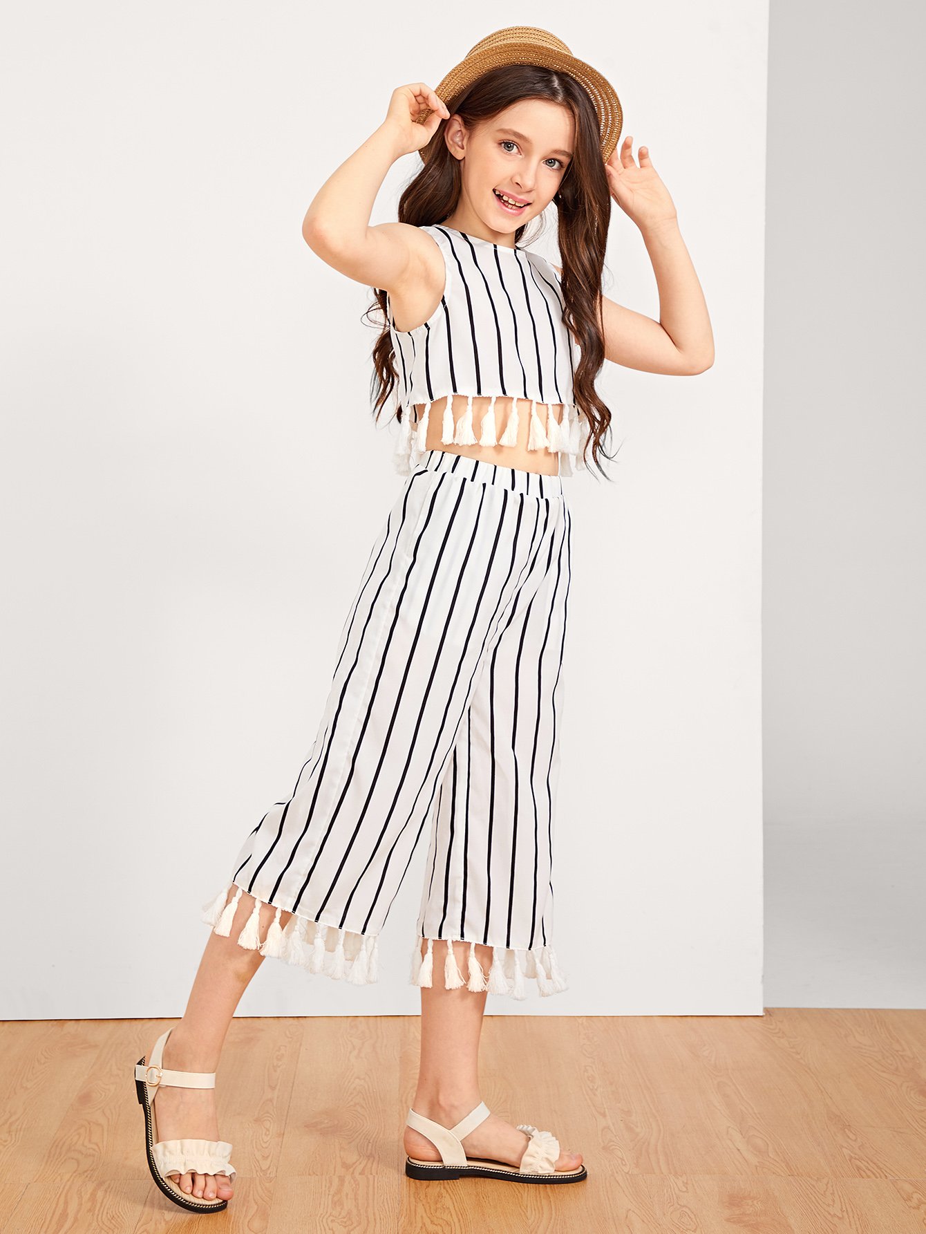 Девушки Tassel Hem Keyhole Back Top & Pants Set