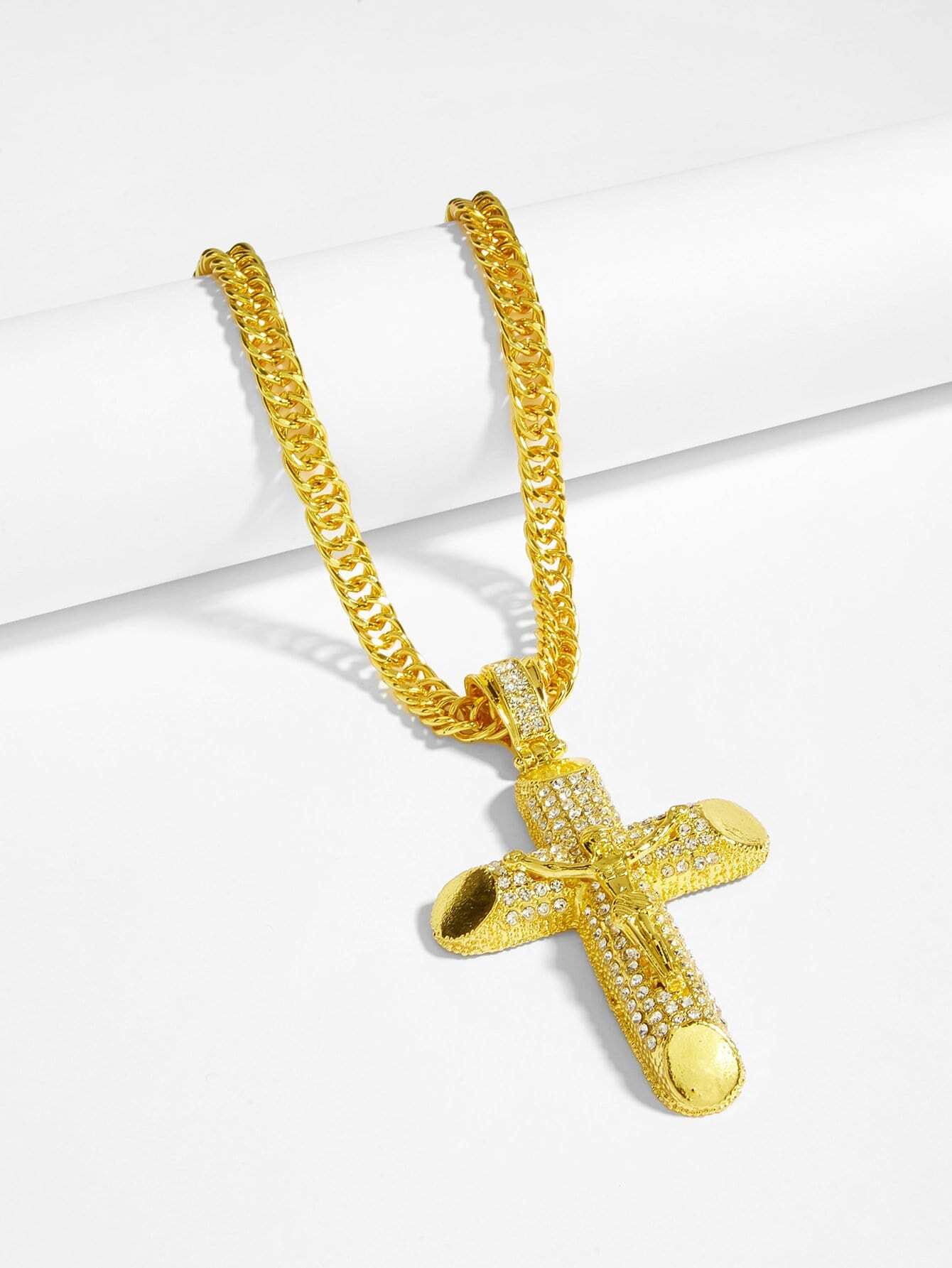 Men Rhinestone Engraved Cross Pendant Necklace