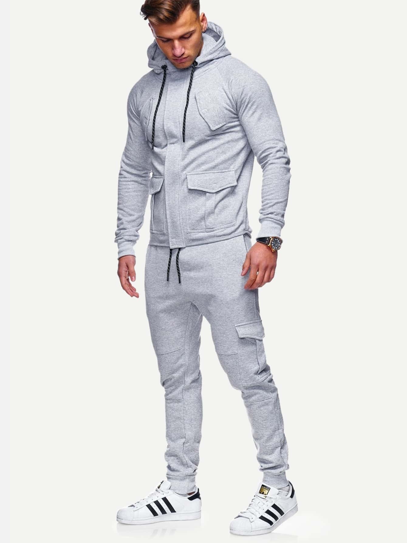 Men Plain Hooded Jacket With Drawstring Pants