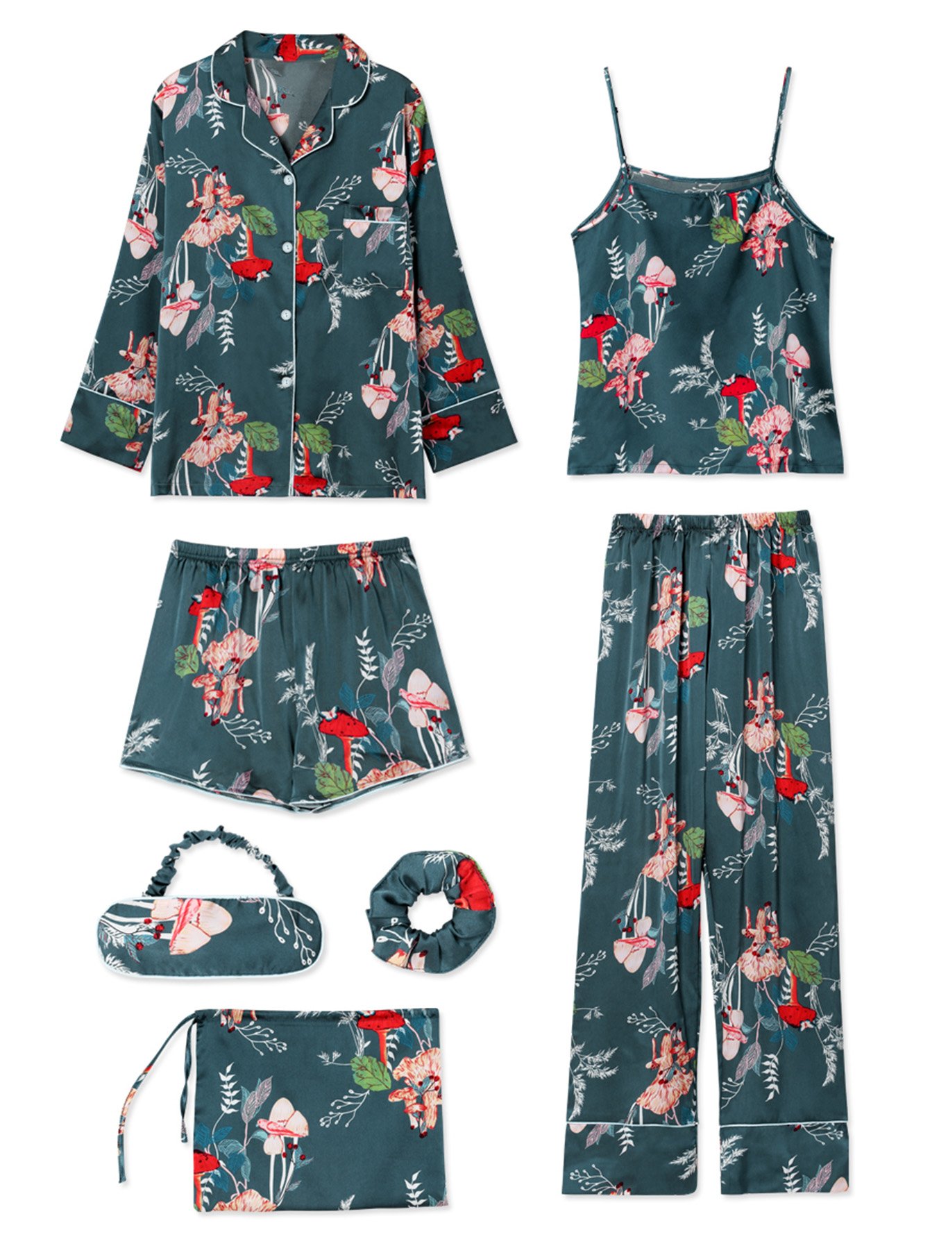 7Pcs Floral Print Cami Pajama Set With Shirt