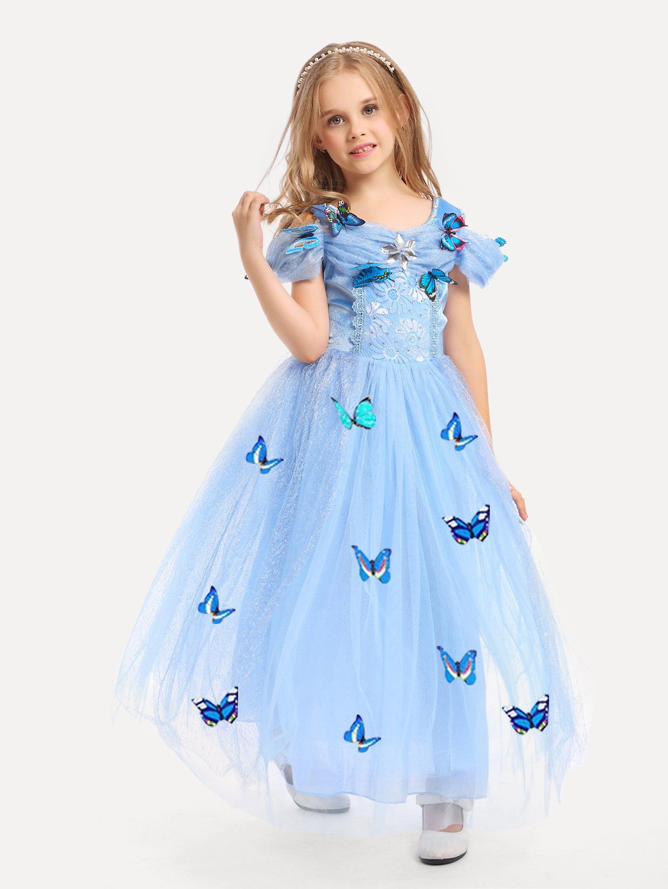 Kids Stereo Butterfly Detail Mesh Overlay Dress