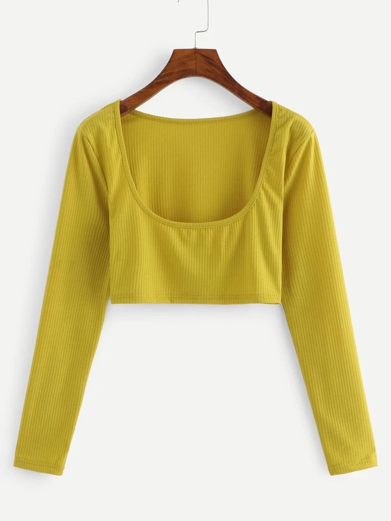 Long Crop Neck Tee Scoop Sleeve Ribbed Sleeve 4qyI0