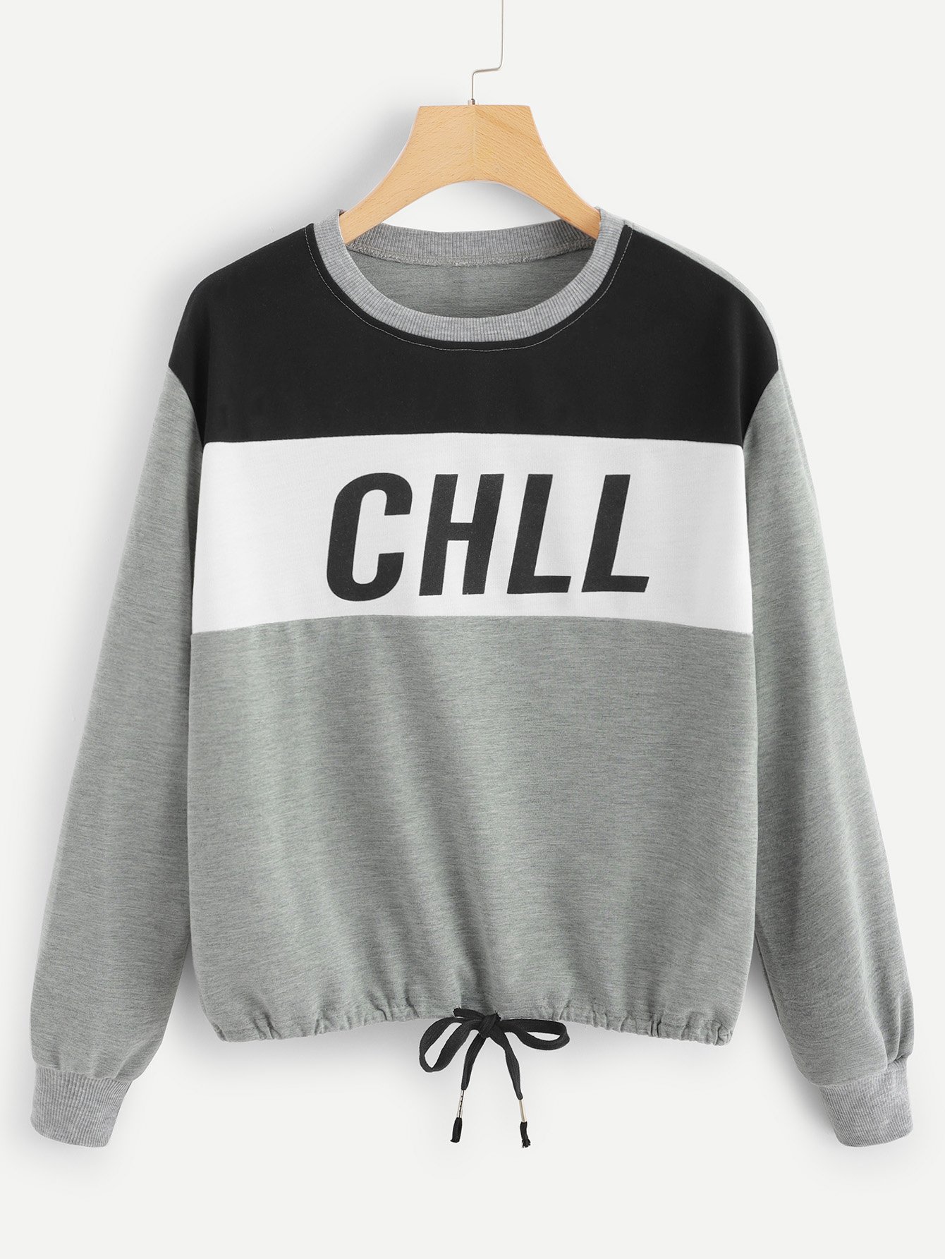 Drawstring Hem Colorblock Letter Print Sweatshirt