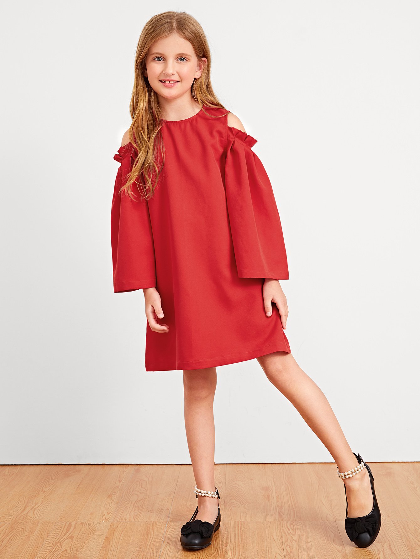 Девушки Frill Trim Cold Shoulder Tunic Dress