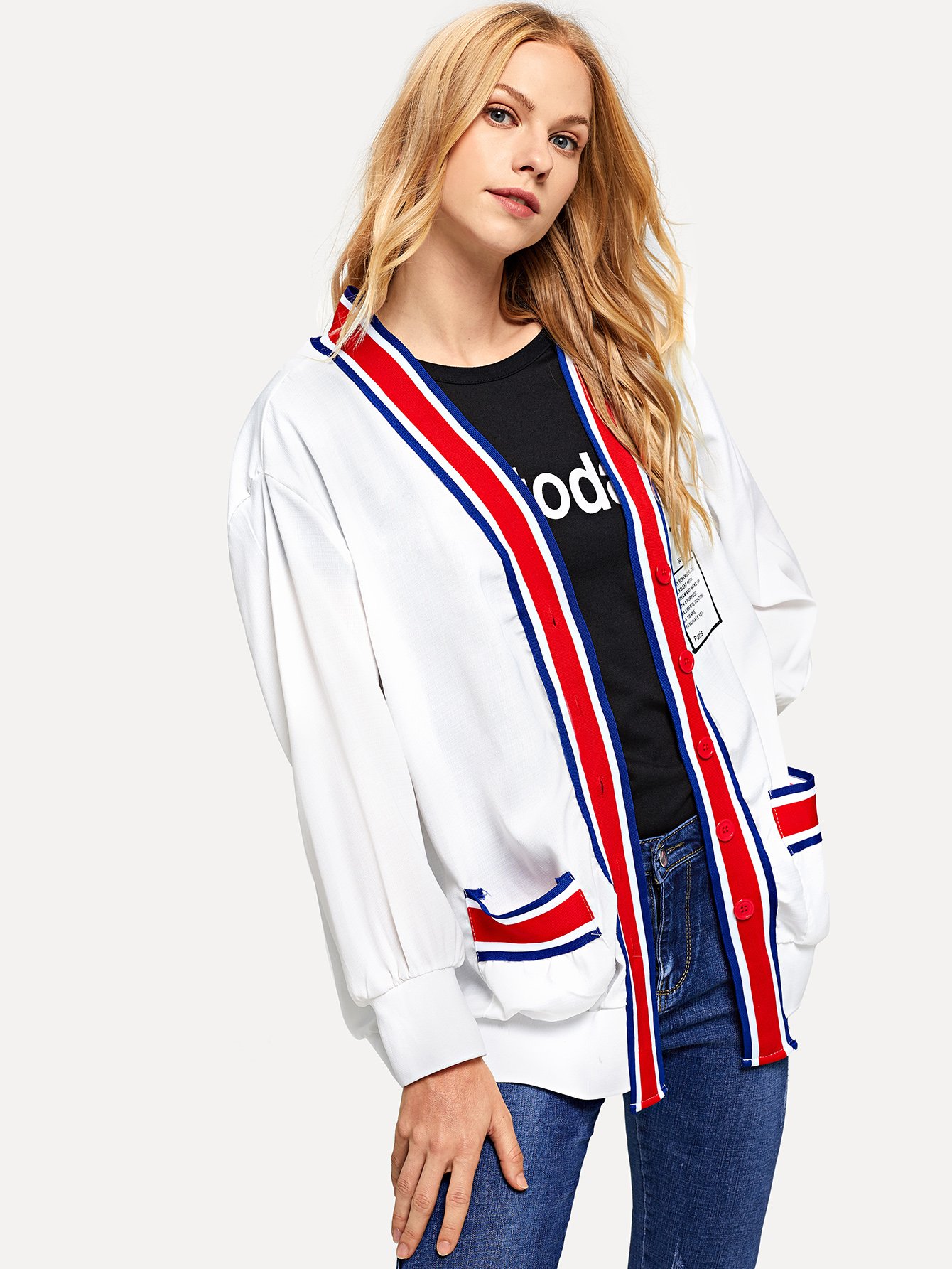Striped Tape Panel Letter Print Back Outerwear