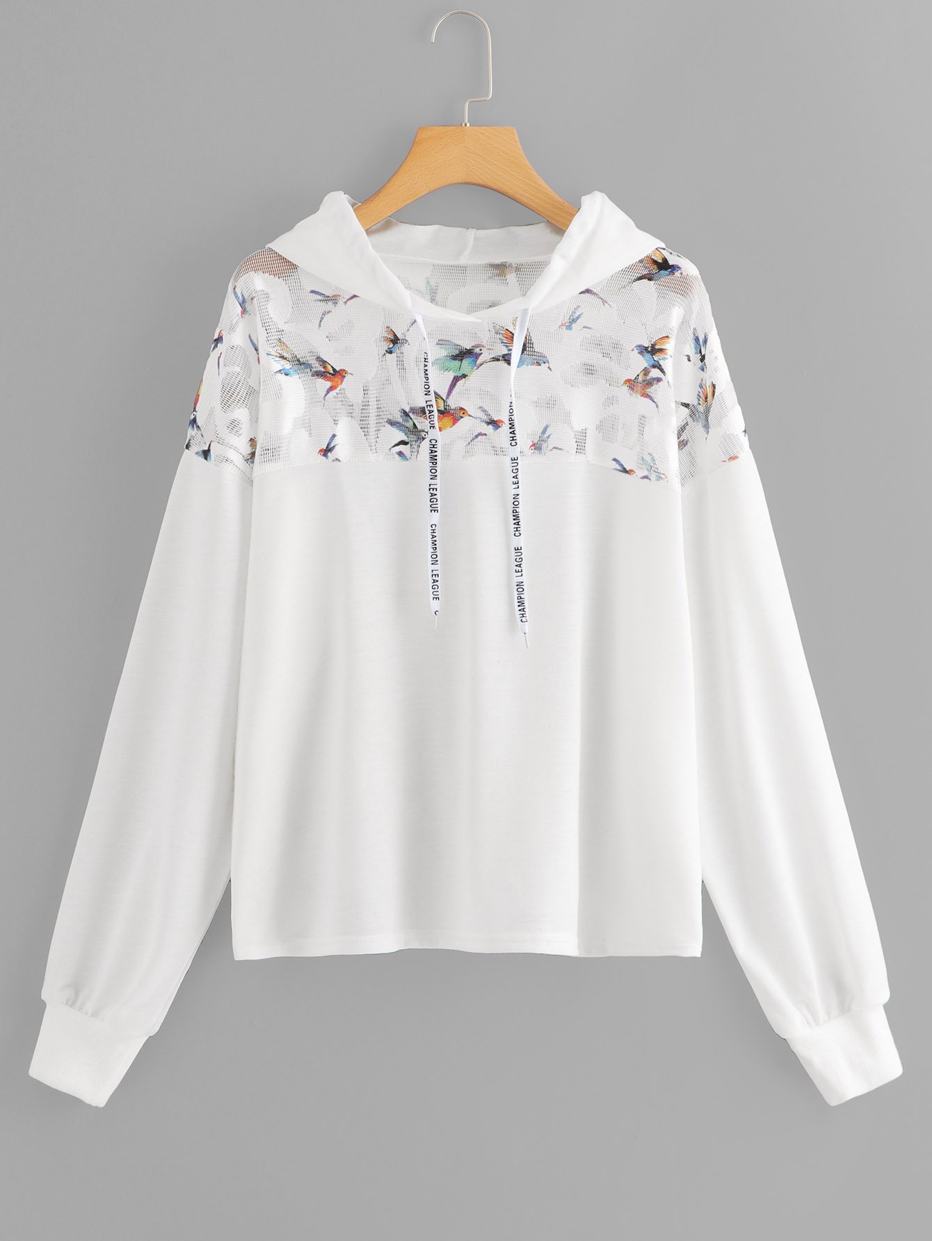 Plus Contrast Mesh Bird Print Hooded Sweatshirt