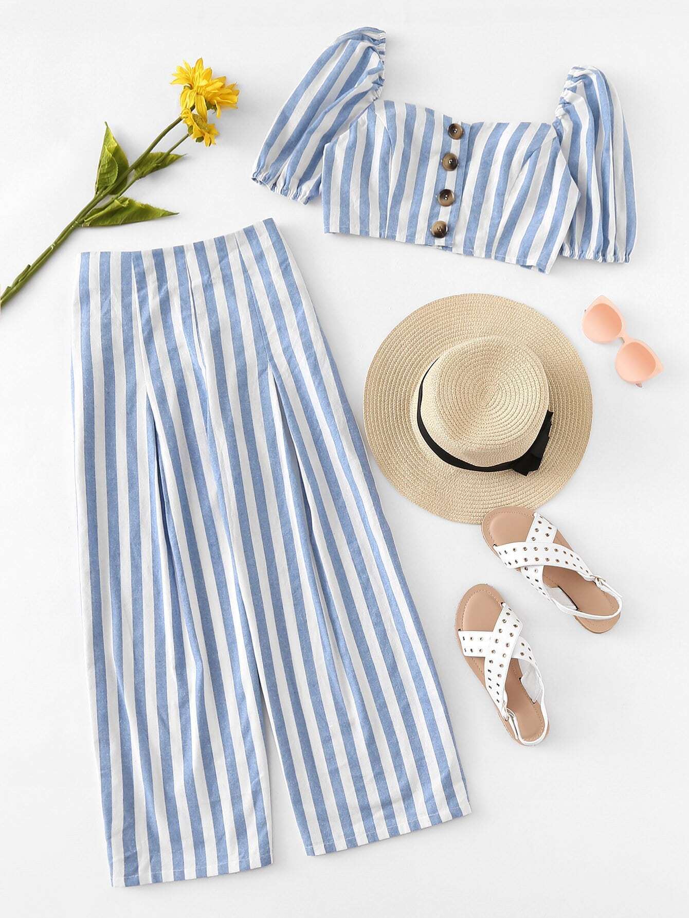 Набор Up Puff Sleeve Crop Top & Wide Pants Set
