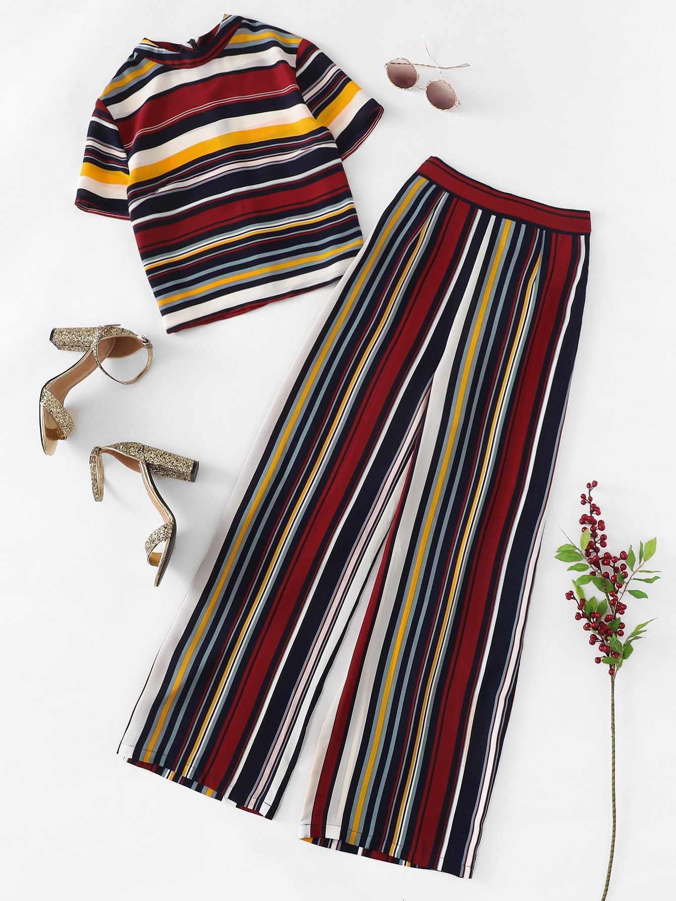 Mock Neck Striped Top & Palazzo Pants Co-Ord