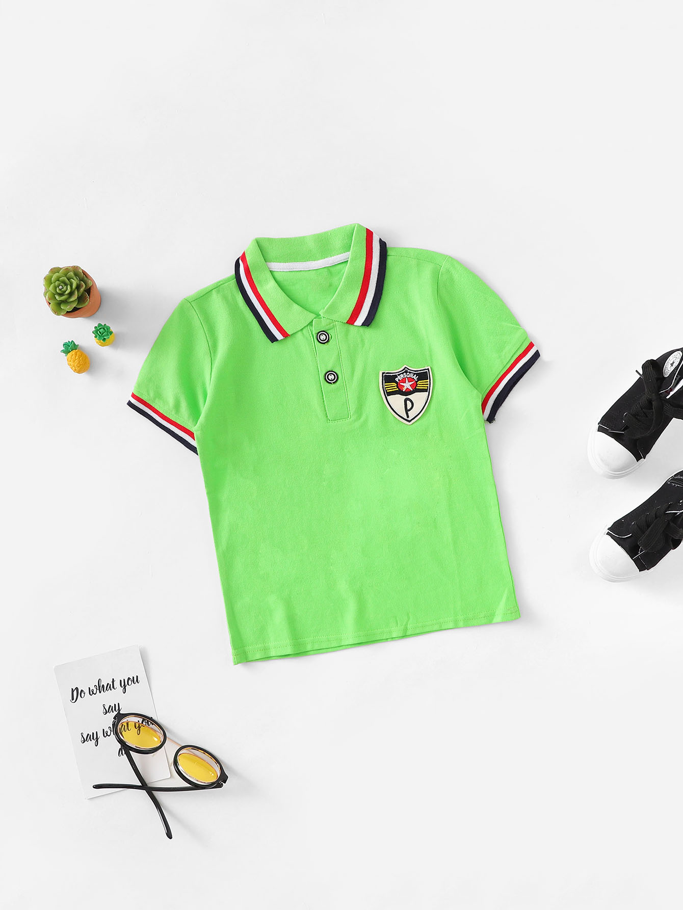 Boys Patched Detail Contrast Striped Trim Polo Shirt