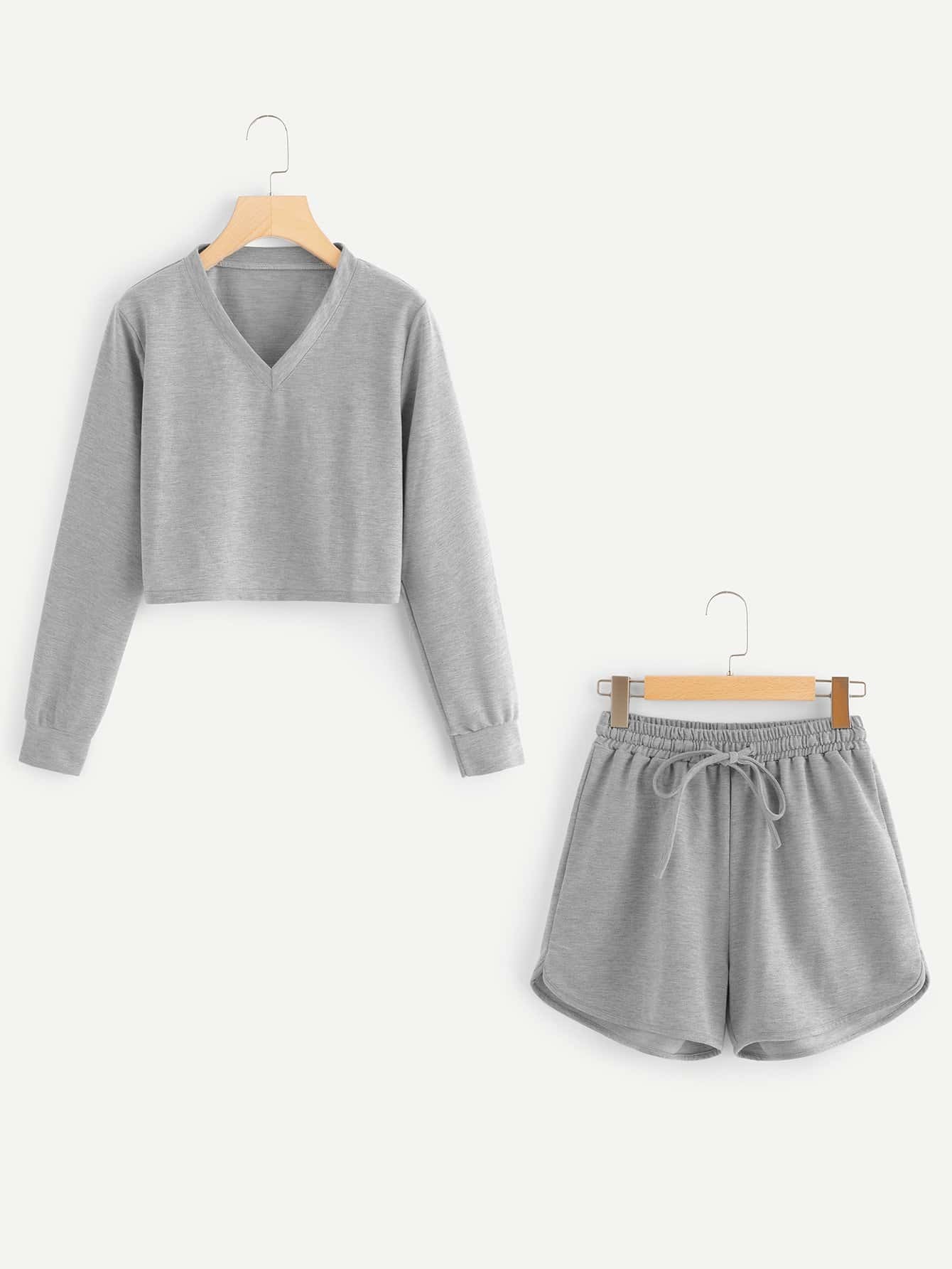 V Neck Solid Top With Drawstring Waist Shorts