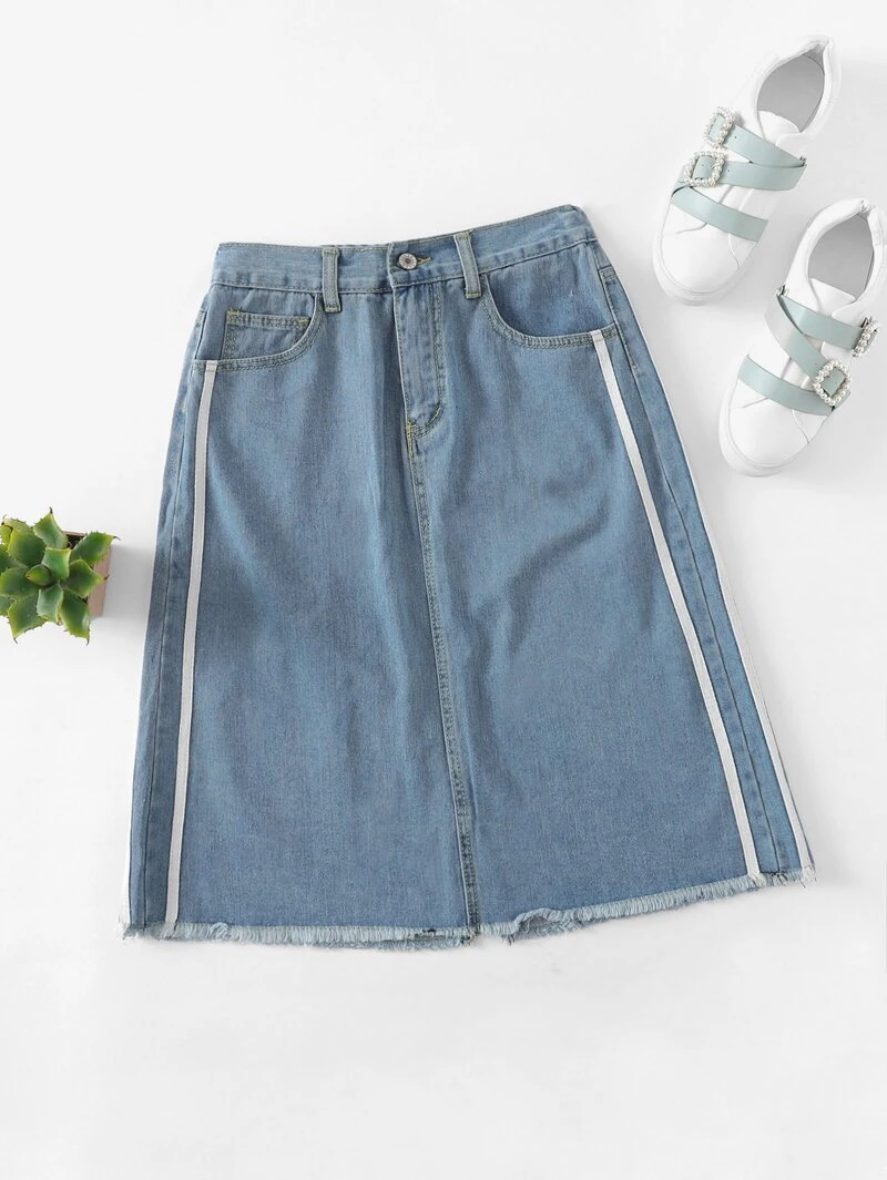 Fall Shift Silhouette Short Blue Striped Skirt Denim Waist Above Tape Knee qwXTI6z