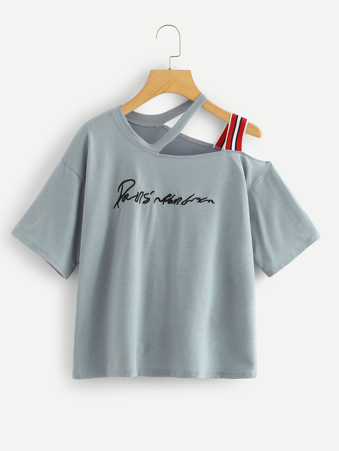Plus Asymmetrical Neck Slogan Embroidered Tee