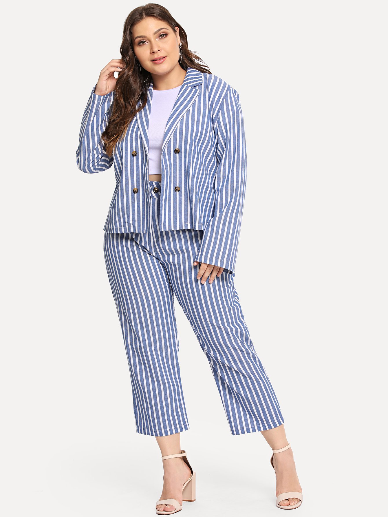 Plus Single Breasted Striped Blazer With Pants
