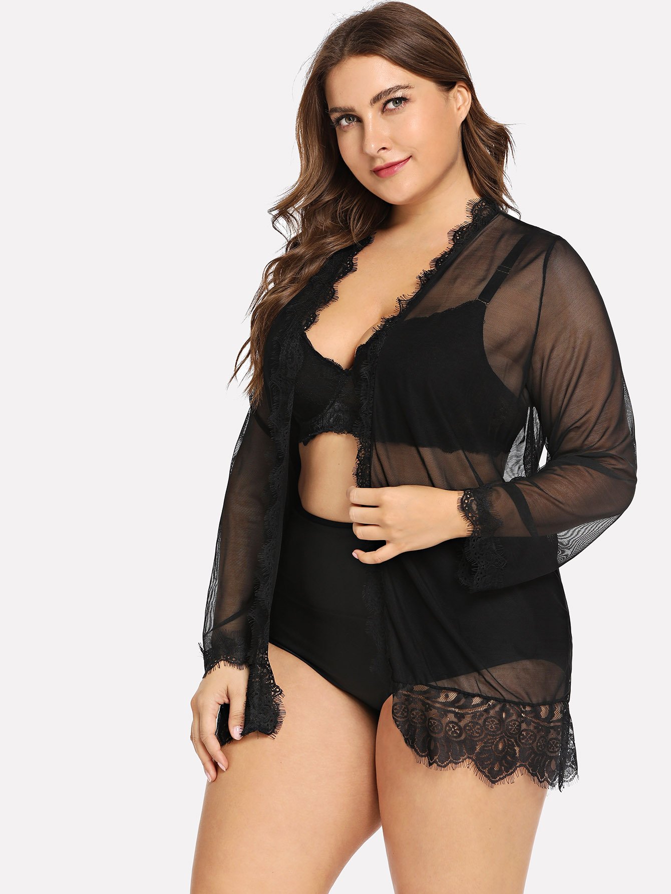 Плюс размеры кружевной халат с стринги и с поясом