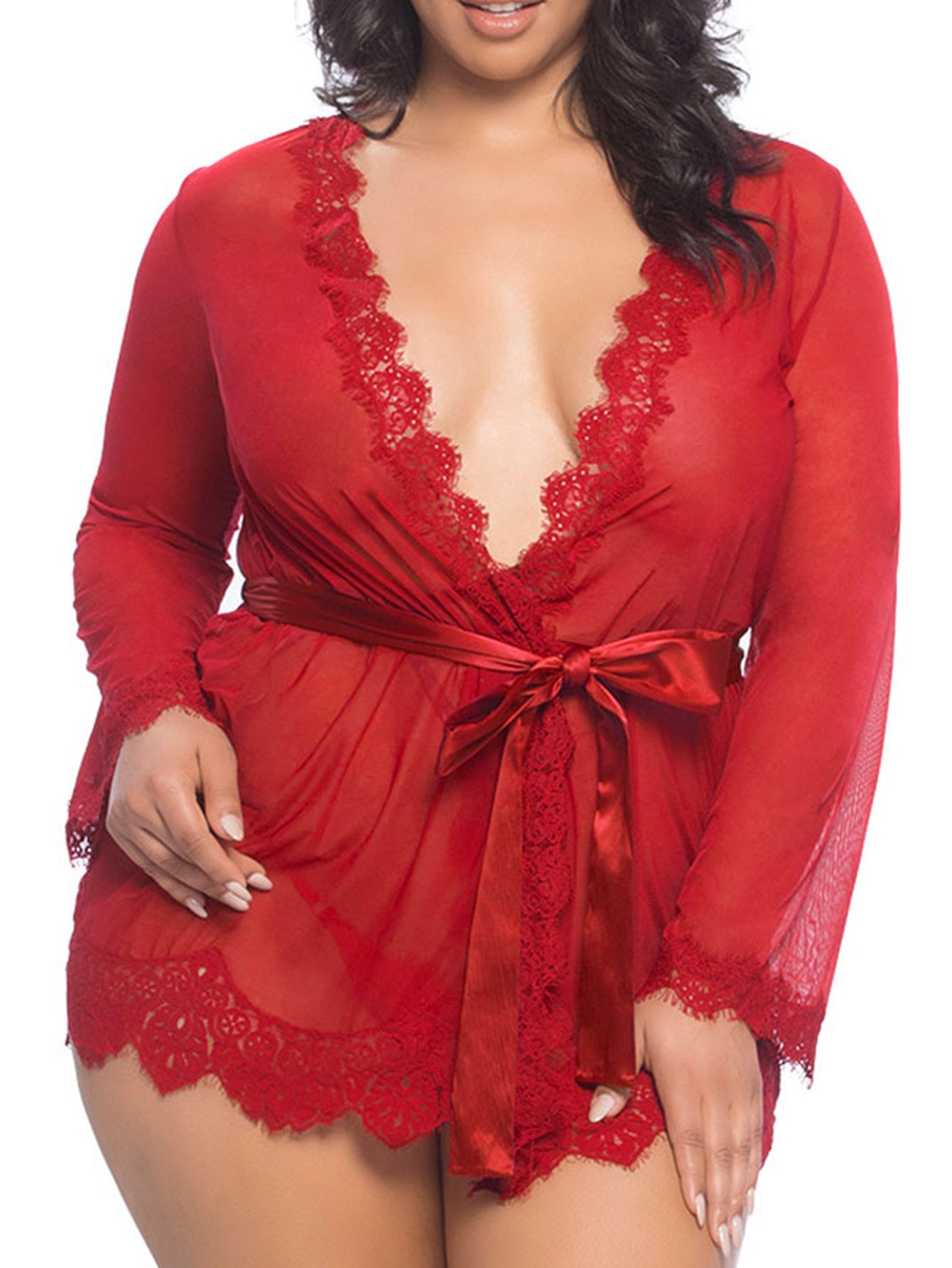 Плюс размеры кружевной халат с стринги и с поясом