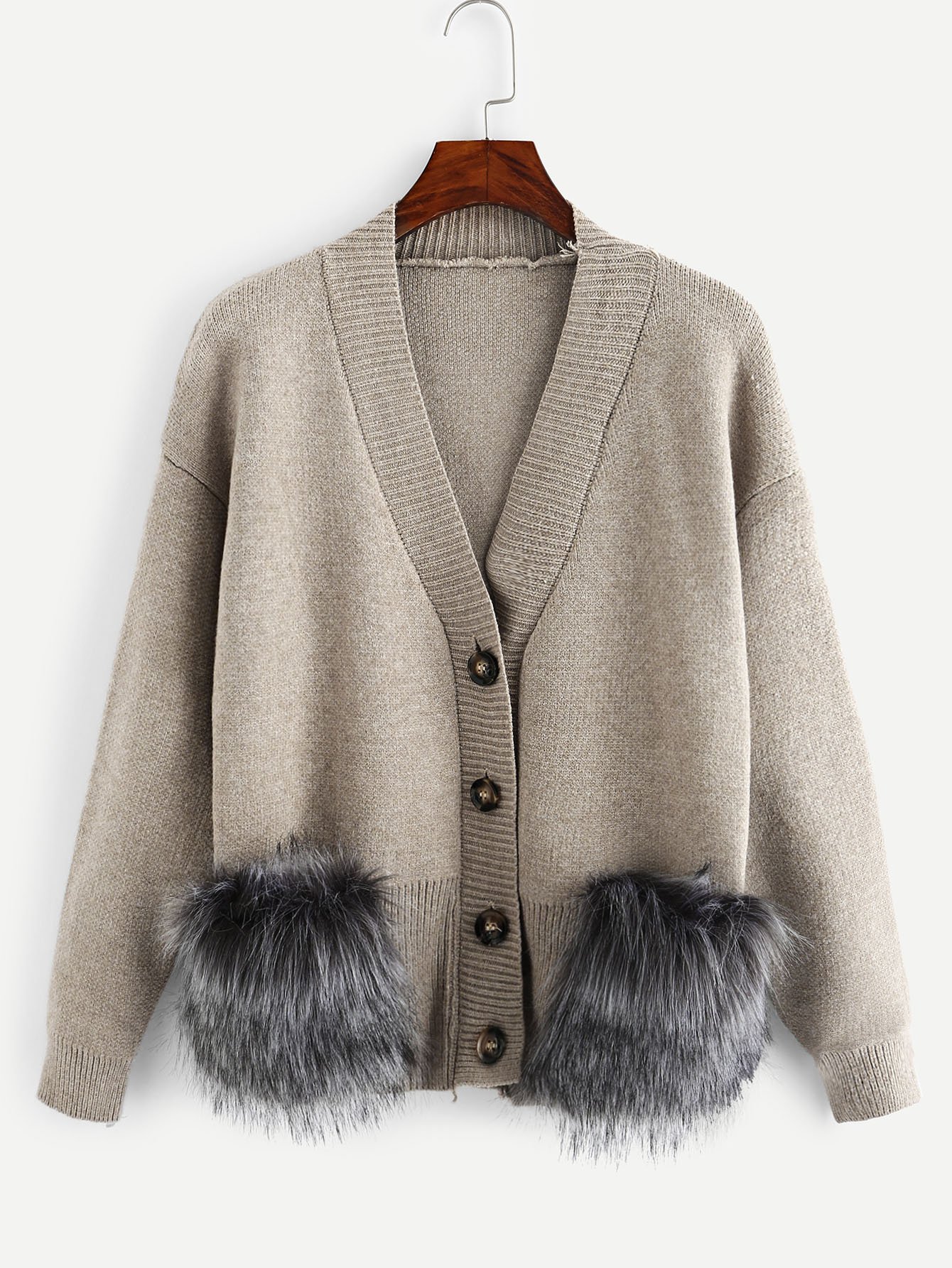 Single Breasted Faux Fur Panel Pocket Jumper