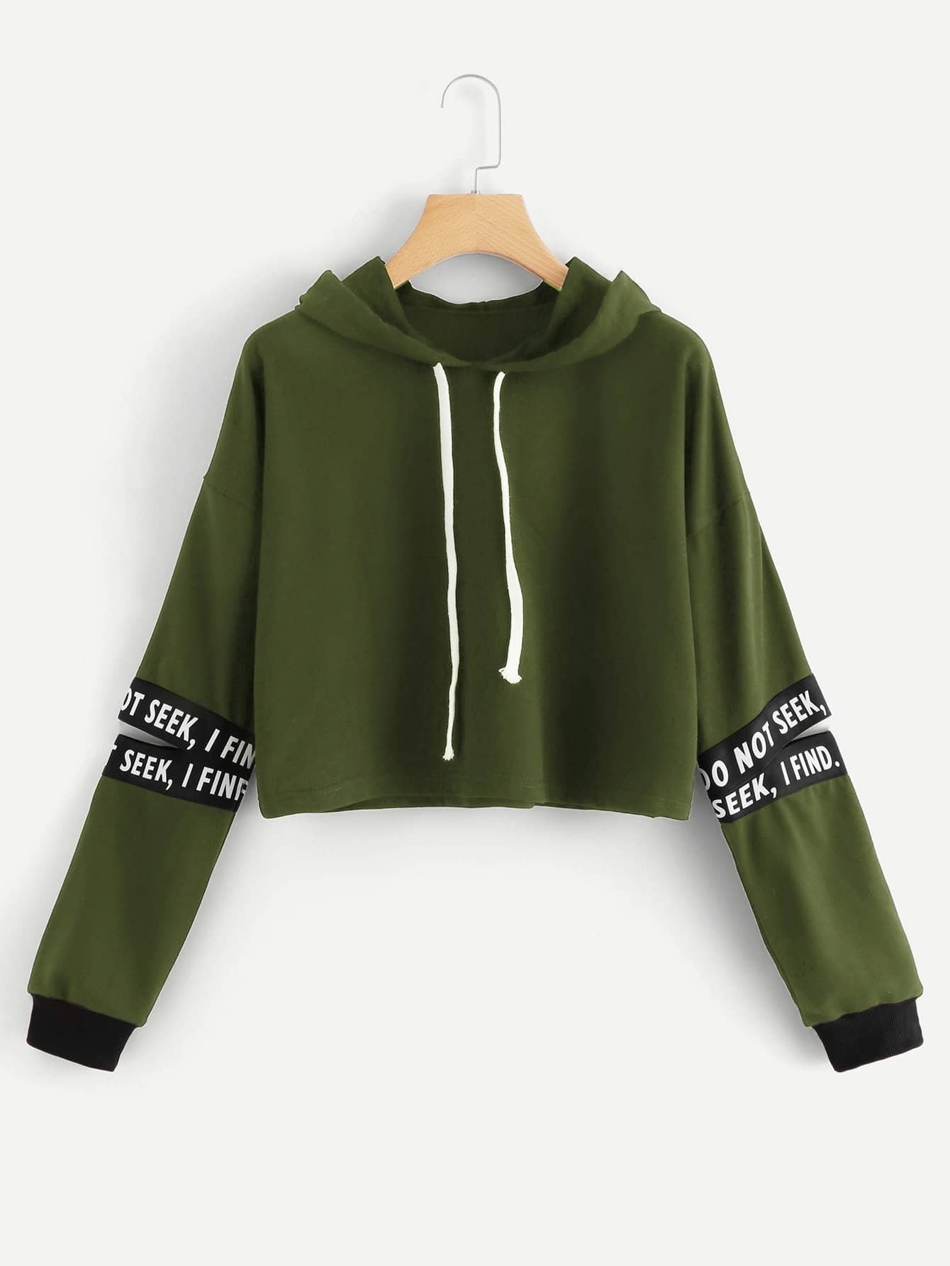 Letter Tape Cut Out Sleeve Hoodie Sweatshirt
