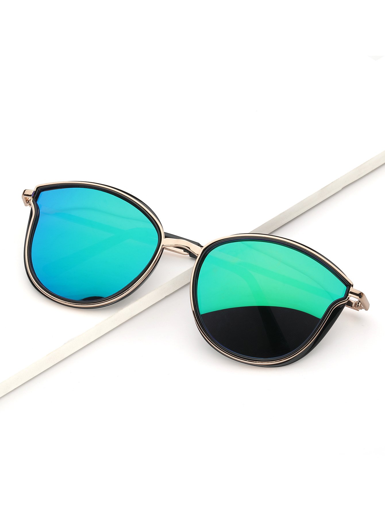 Men Cat Eye Metal Frame Mirror Lens Sunglasses