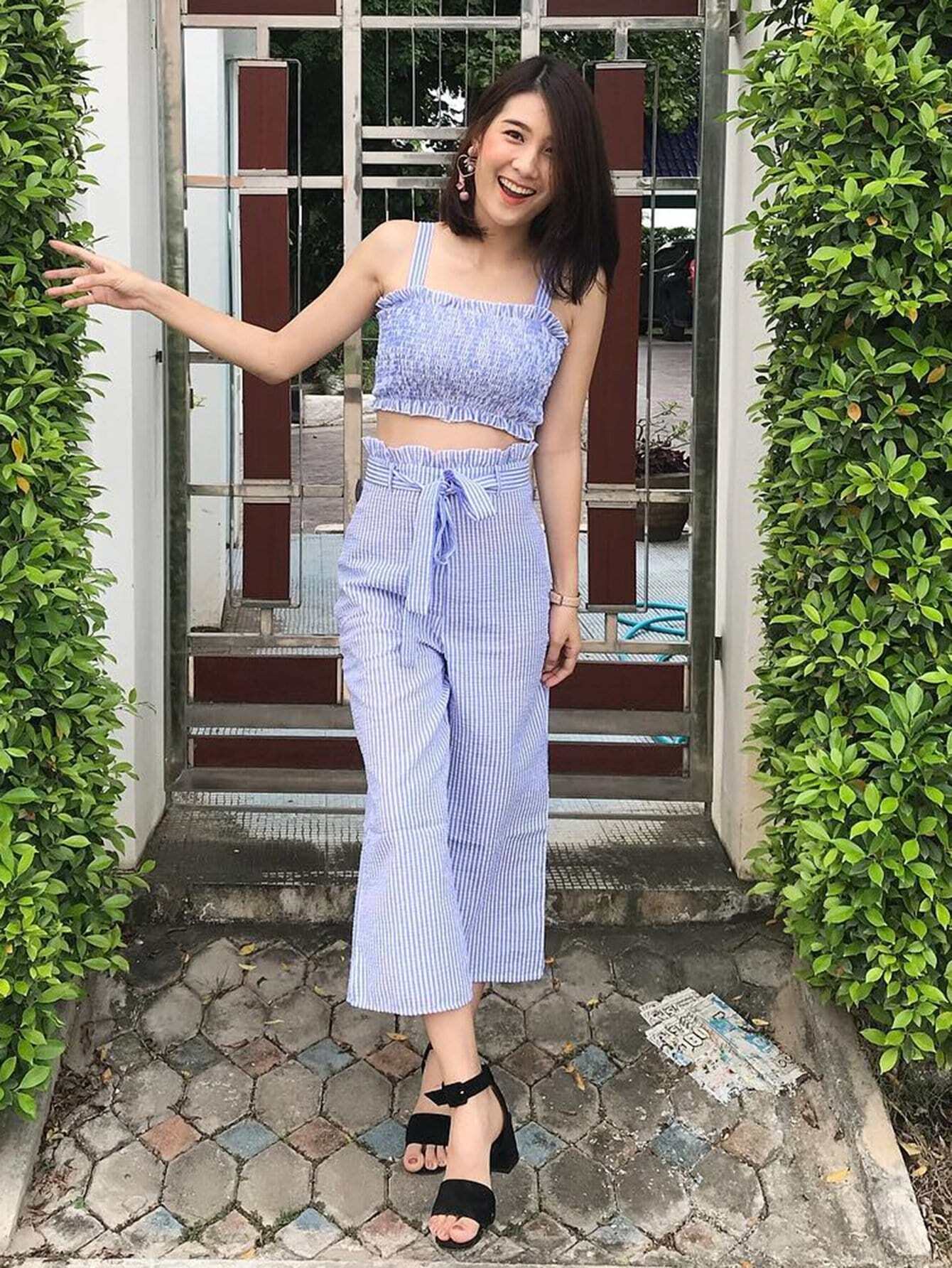 Shirred Striped Top & Belted Culotte Pants Set