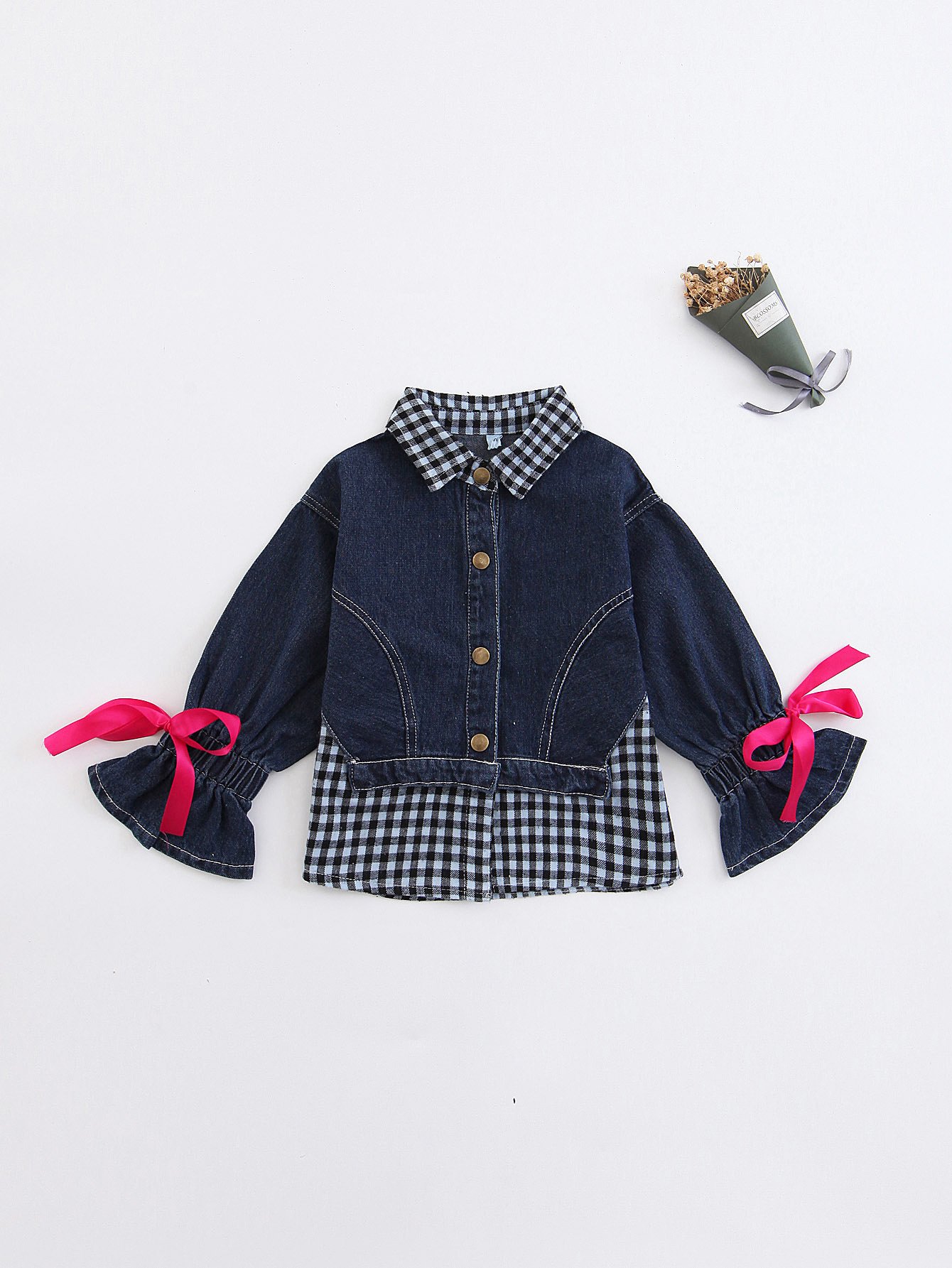 Girls Knot Detail Contrast Gingham Denim Jacket