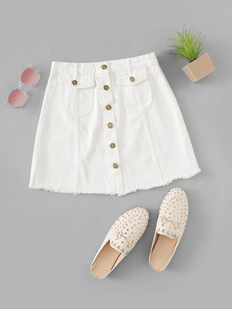 White Shift Hem Skirt Knee Summer Denim Silhouette Raw Short Waist Above qXHSSt