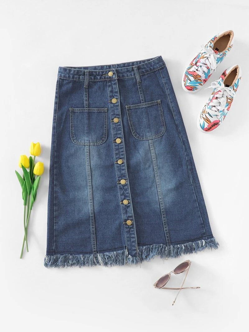 Single Full Silhouette Breasted Fall and Waist Sheath Length Long Black Skirt Denim White AwdxqBHdz