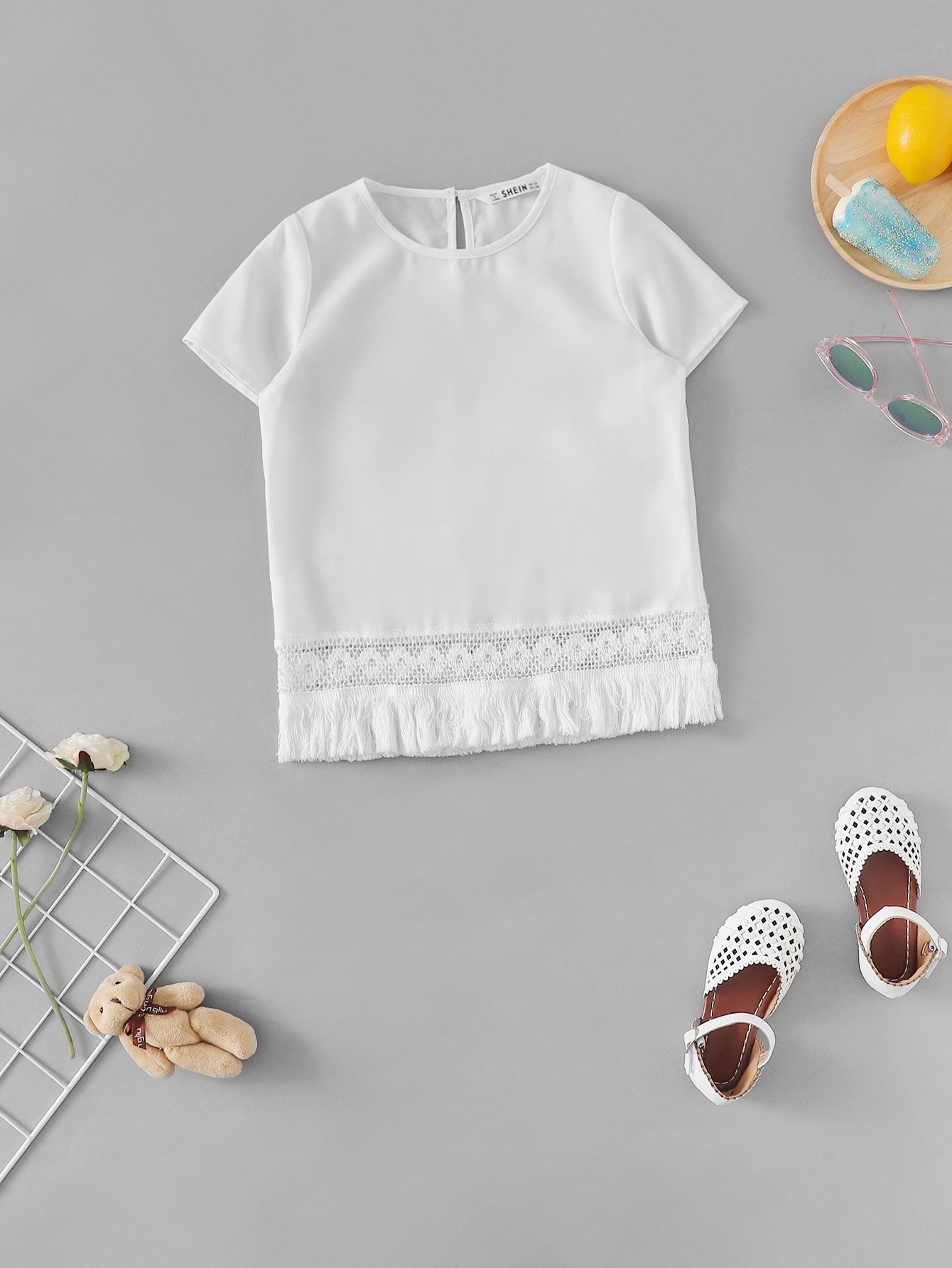 Девушки Raw Hem Lace Insert Keyhole Back Top