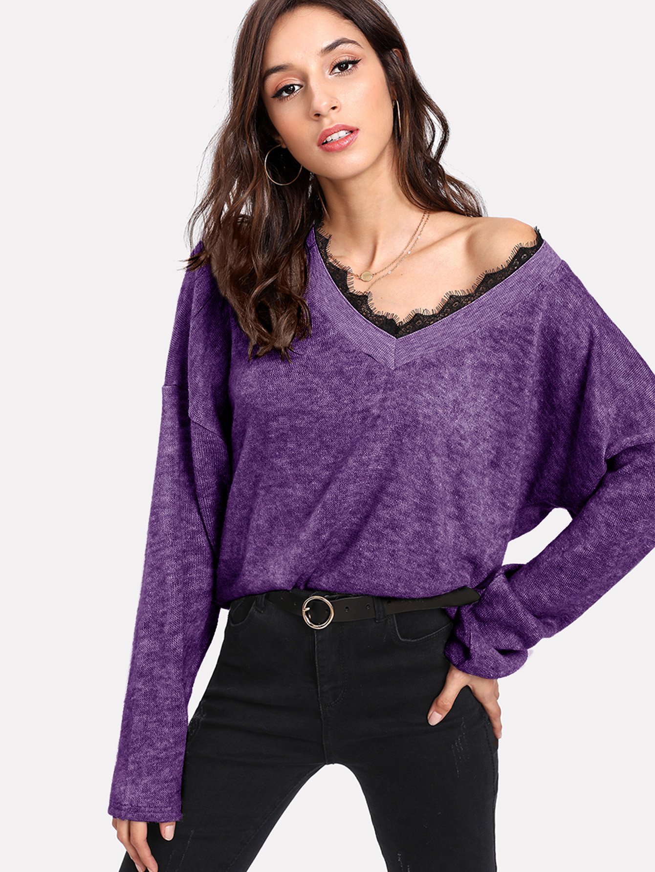 Свитер с v-образным вырезом с отделкой кружевой