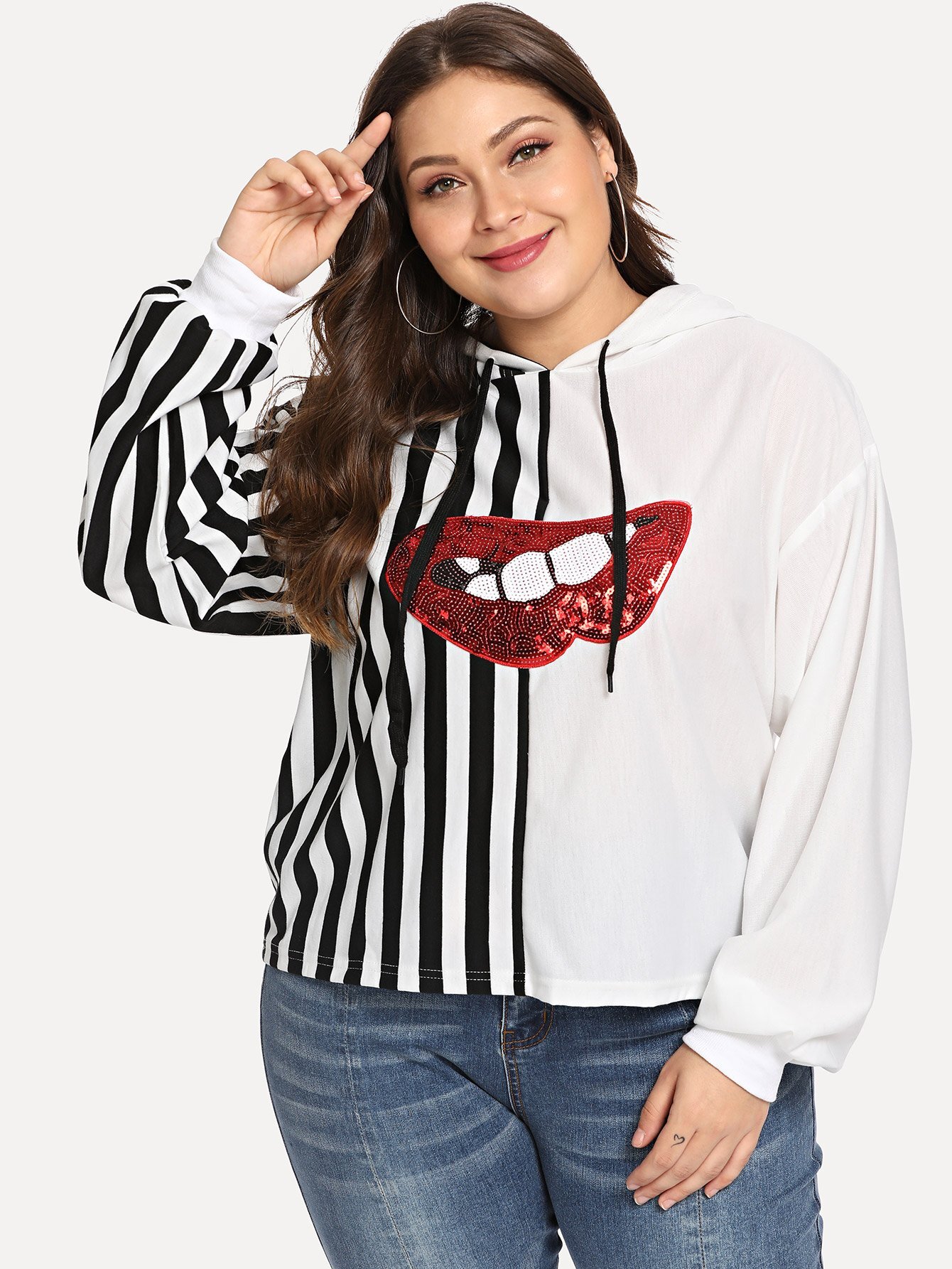 Plus Contrast Sequin Striped Hooded Sweatshirt