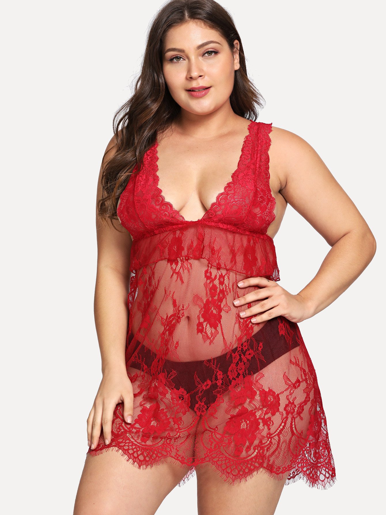 Plus Scalloped Trim Floral Lace Ruffle Dress With Thong