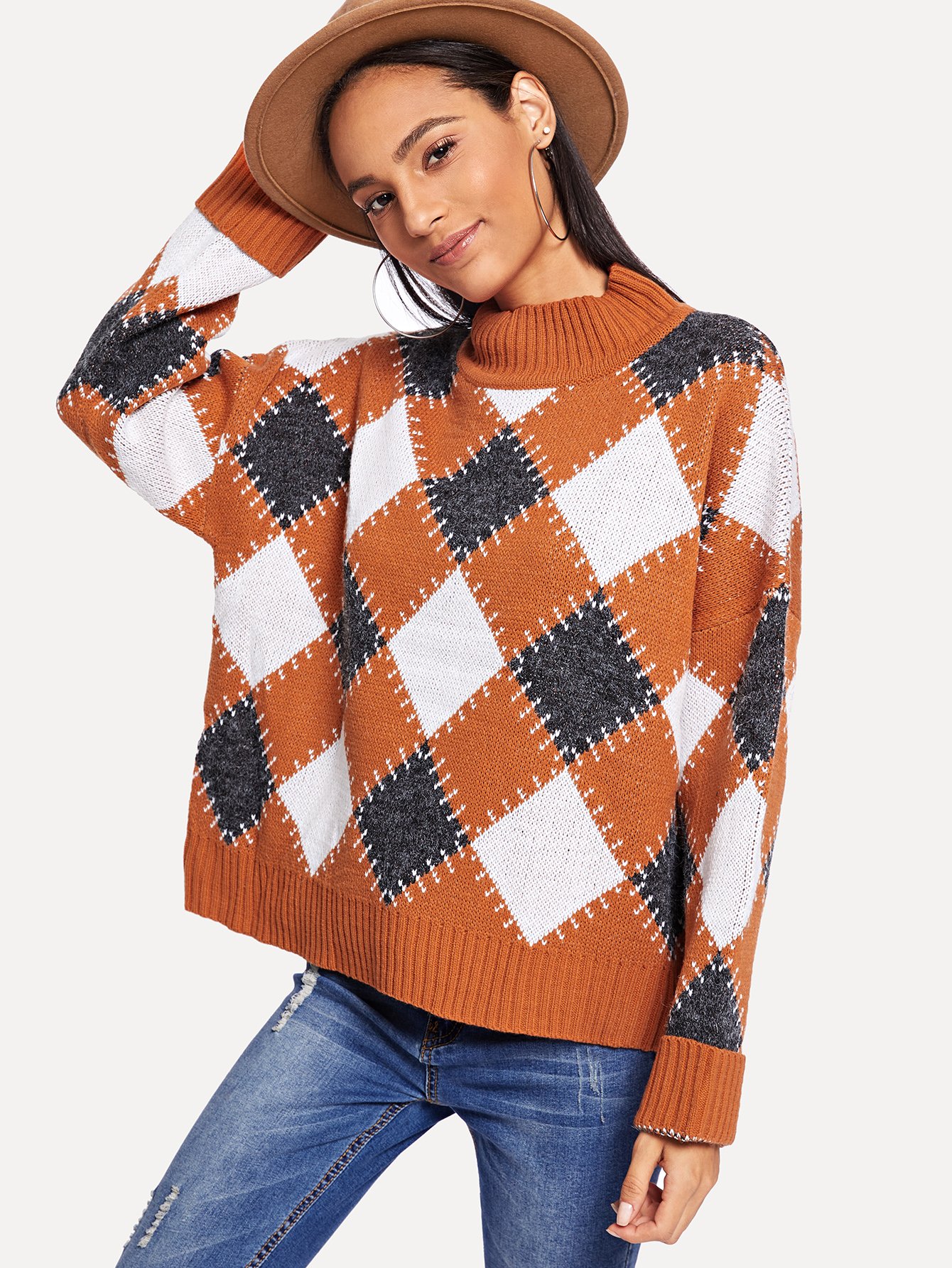 Свитер в клетку с ложным воротником