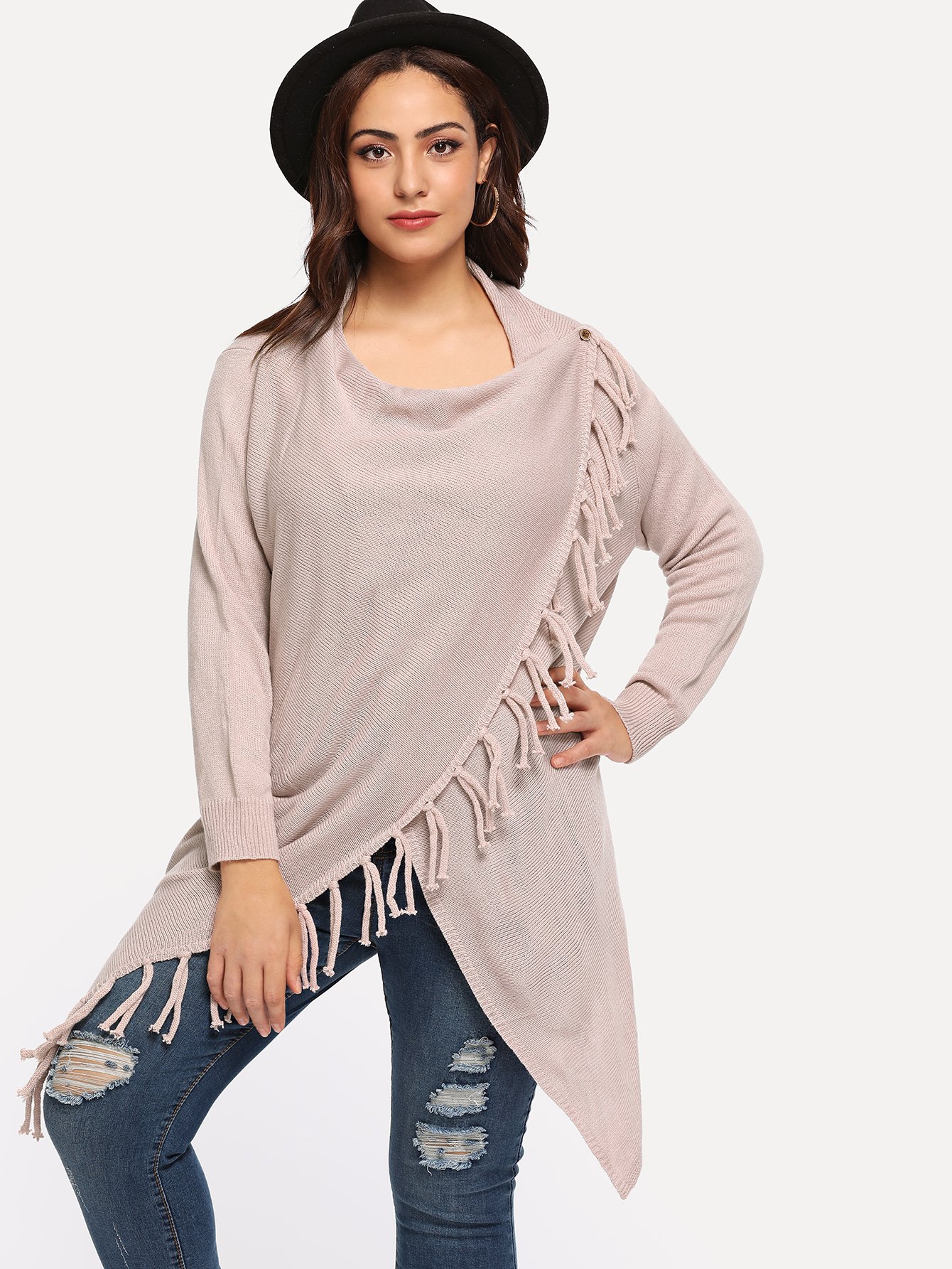 Плюс размеры свитер с кисточками спереди разделение