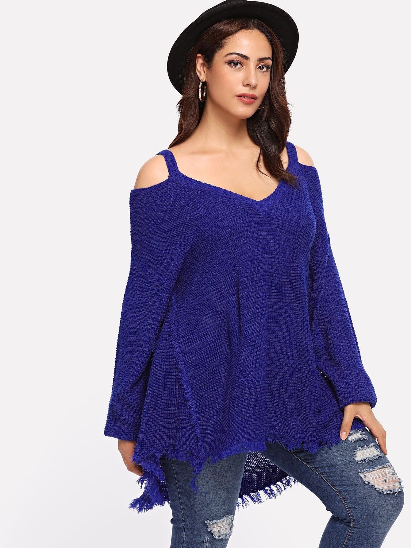 Плюс размеры асимметричный свитер с открытыми плечами