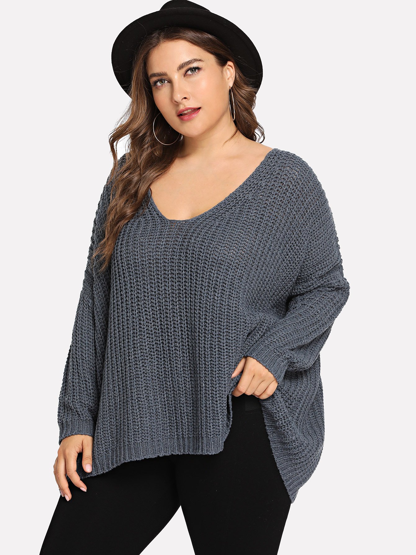 Плюс размеры твердый свитер с заниженной линией плеч