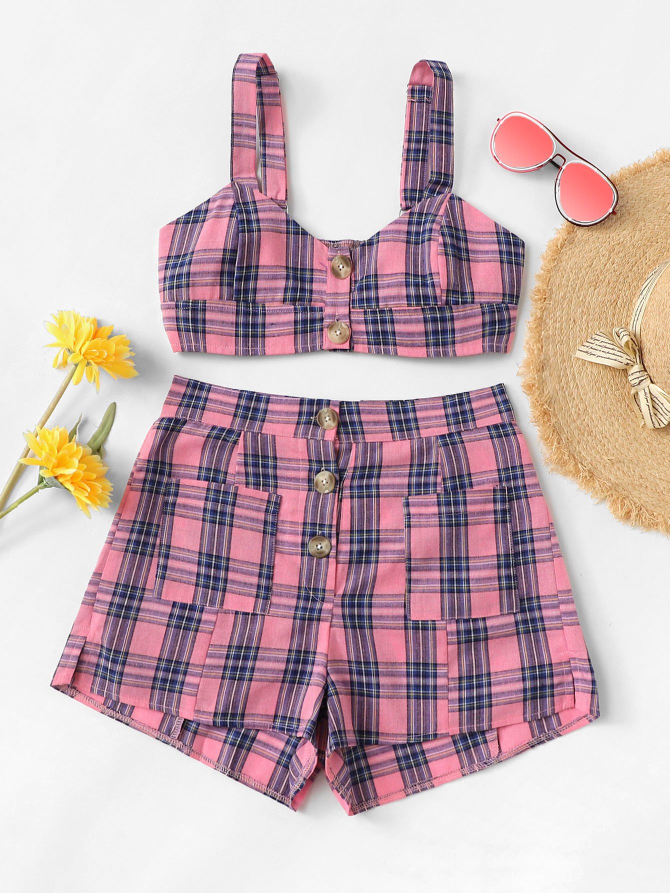 Button Front Tartan Plaid Crop Top With Shorts