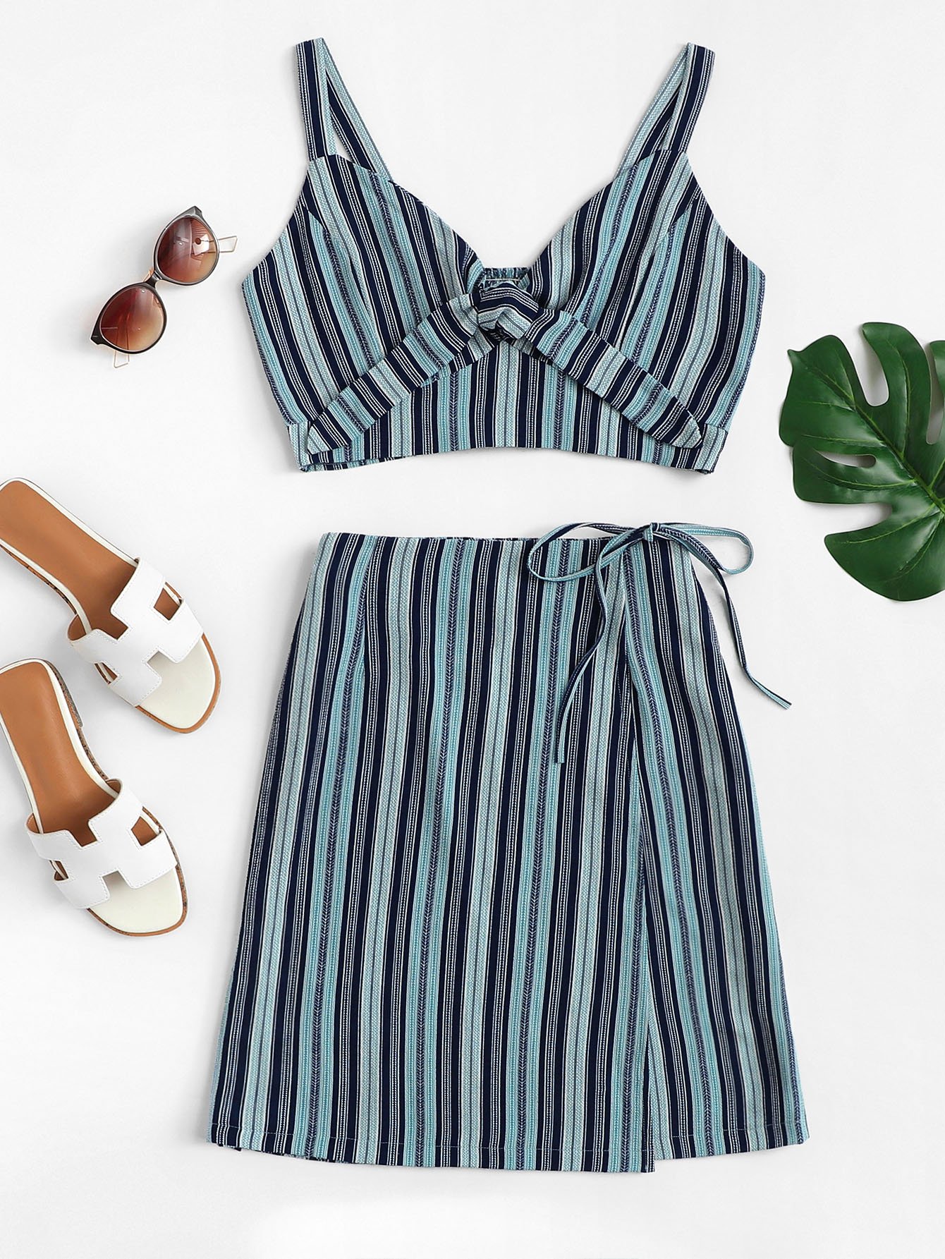 Stripe Knot Detail Crop Top With Wrap Skirt