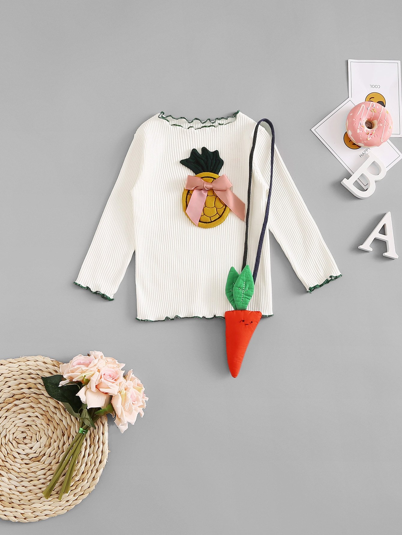Girls Pineapple Patched Lettuce Edge Trim Tee