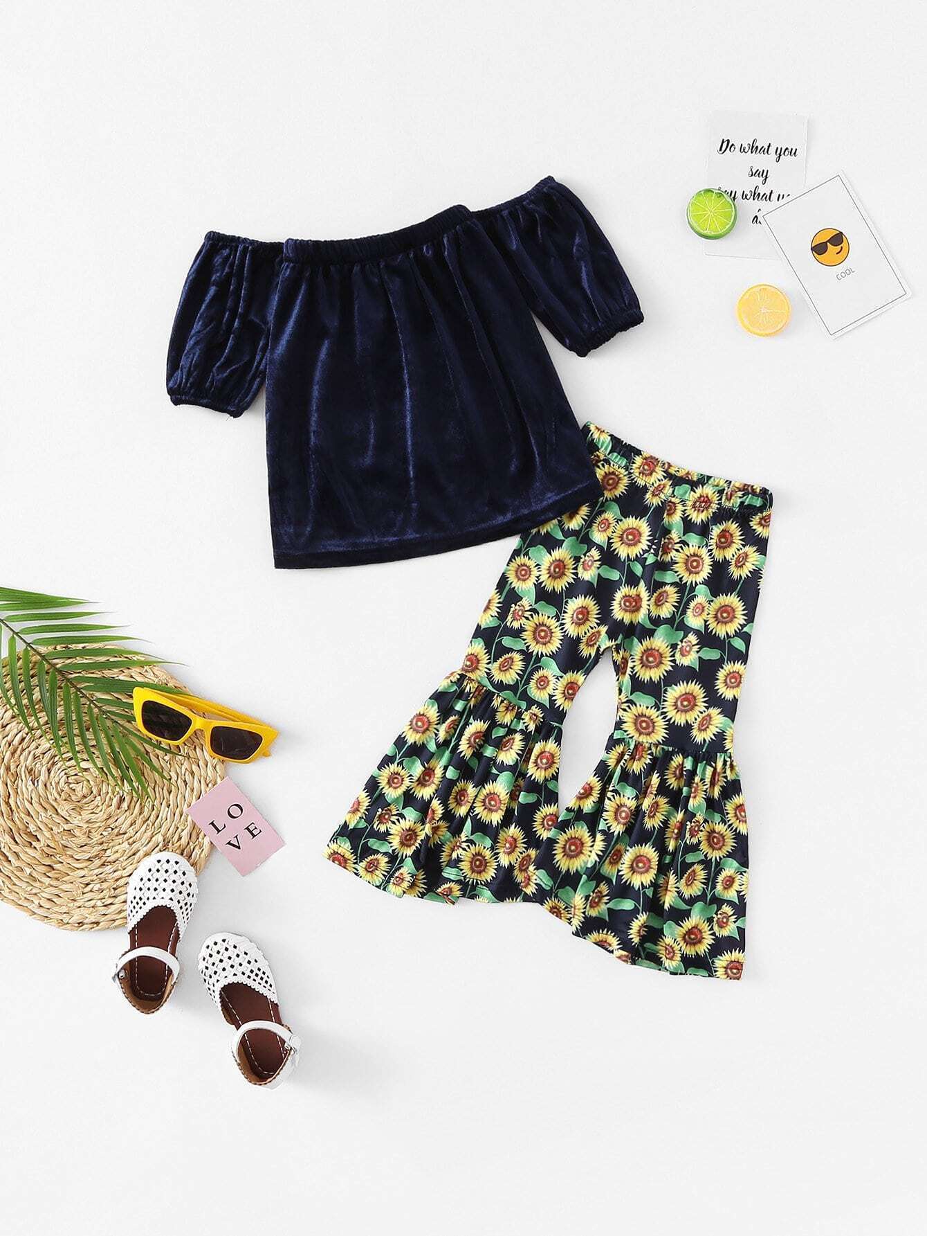 Girls Off Shoulder Top With Floral Print Flare Leg Pants