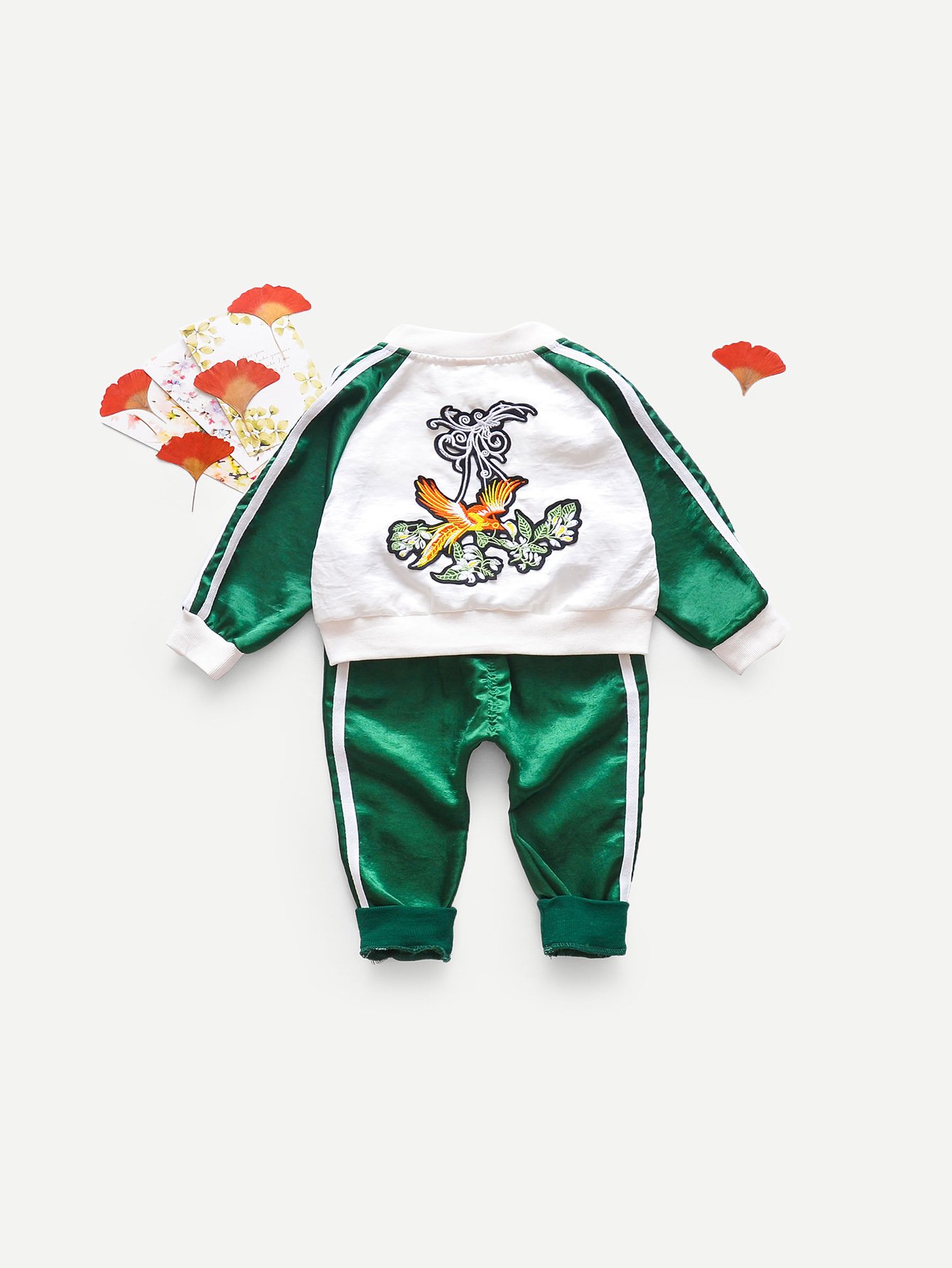 Boys Contrast Tape Side Embroidered Jacket With Pants