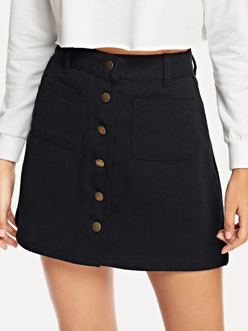 Fall Short Pocket Single Black Waist Above Silhouette Dual Shift Breasted Skirt Knee OHZSvq4