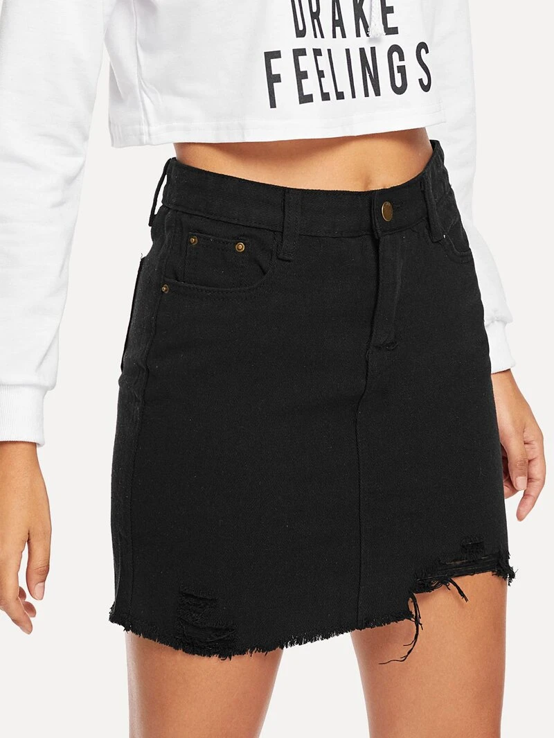 Fall Silhouette Denim Waist Black Knee Hem Raw Shift Short Skirt Above IfAzI
