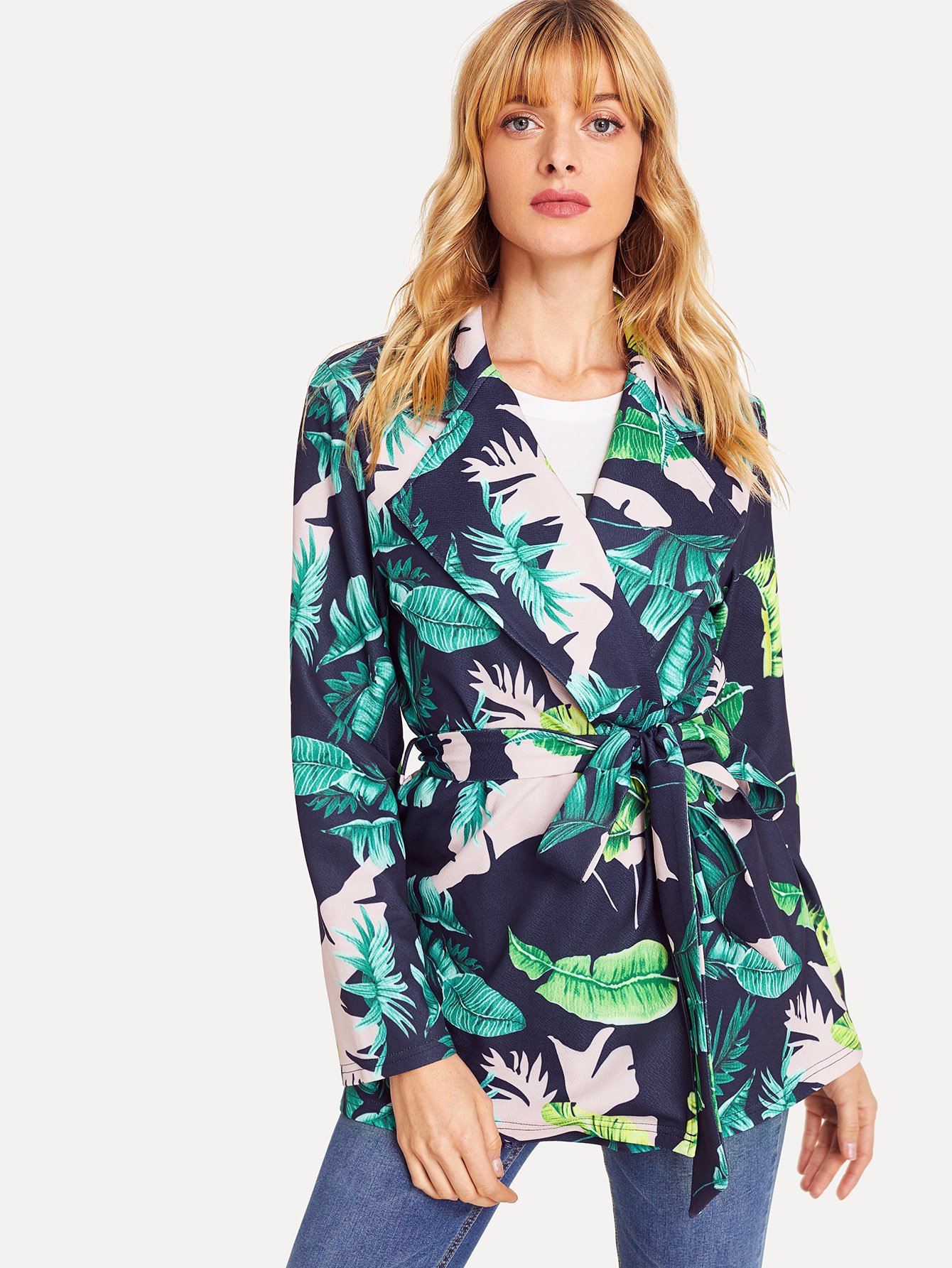Жакет с рисунками тропических листьев и с воротником