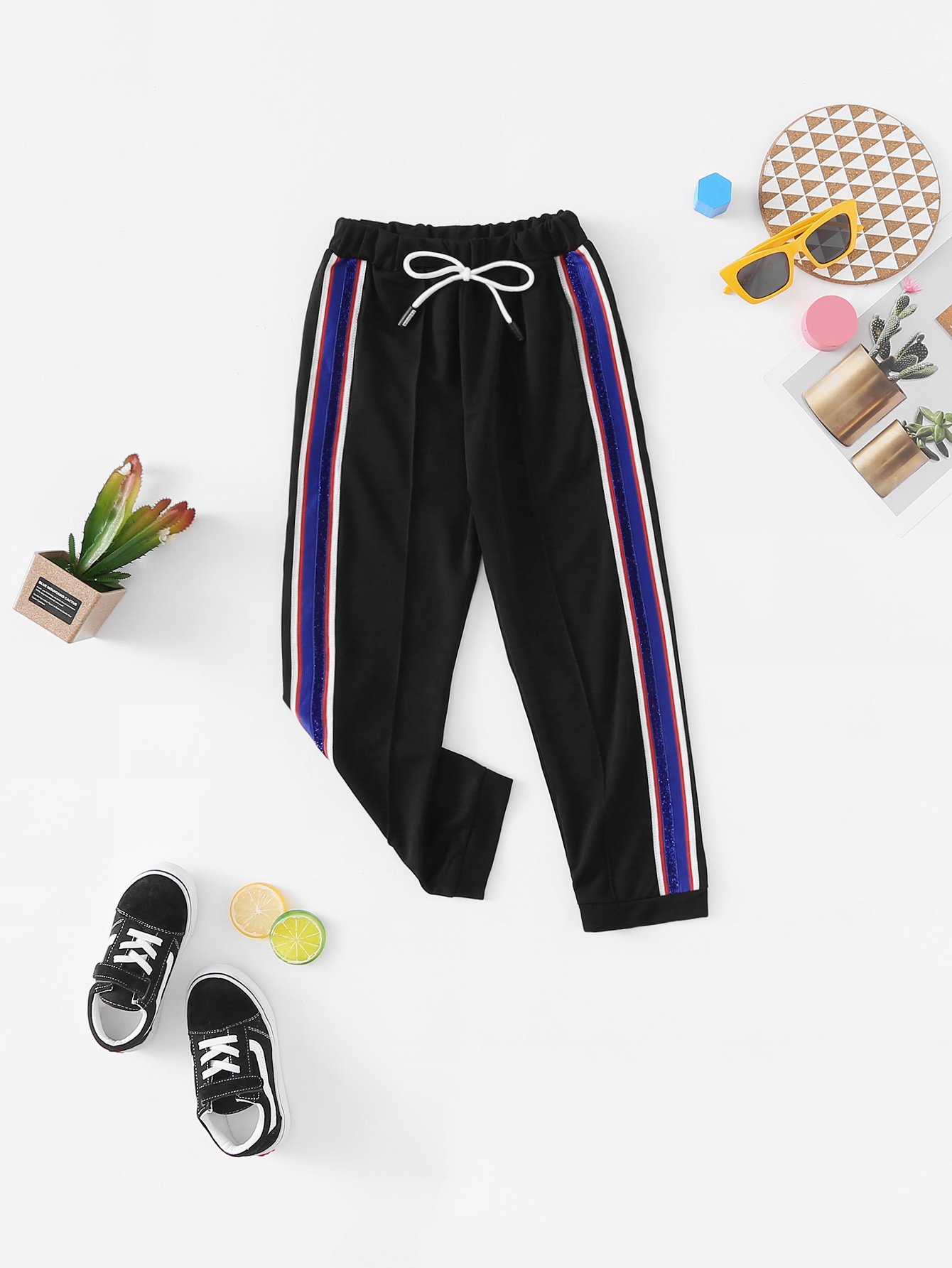 Girls Contrast Striped Tape Side Drawstring Waist Pants