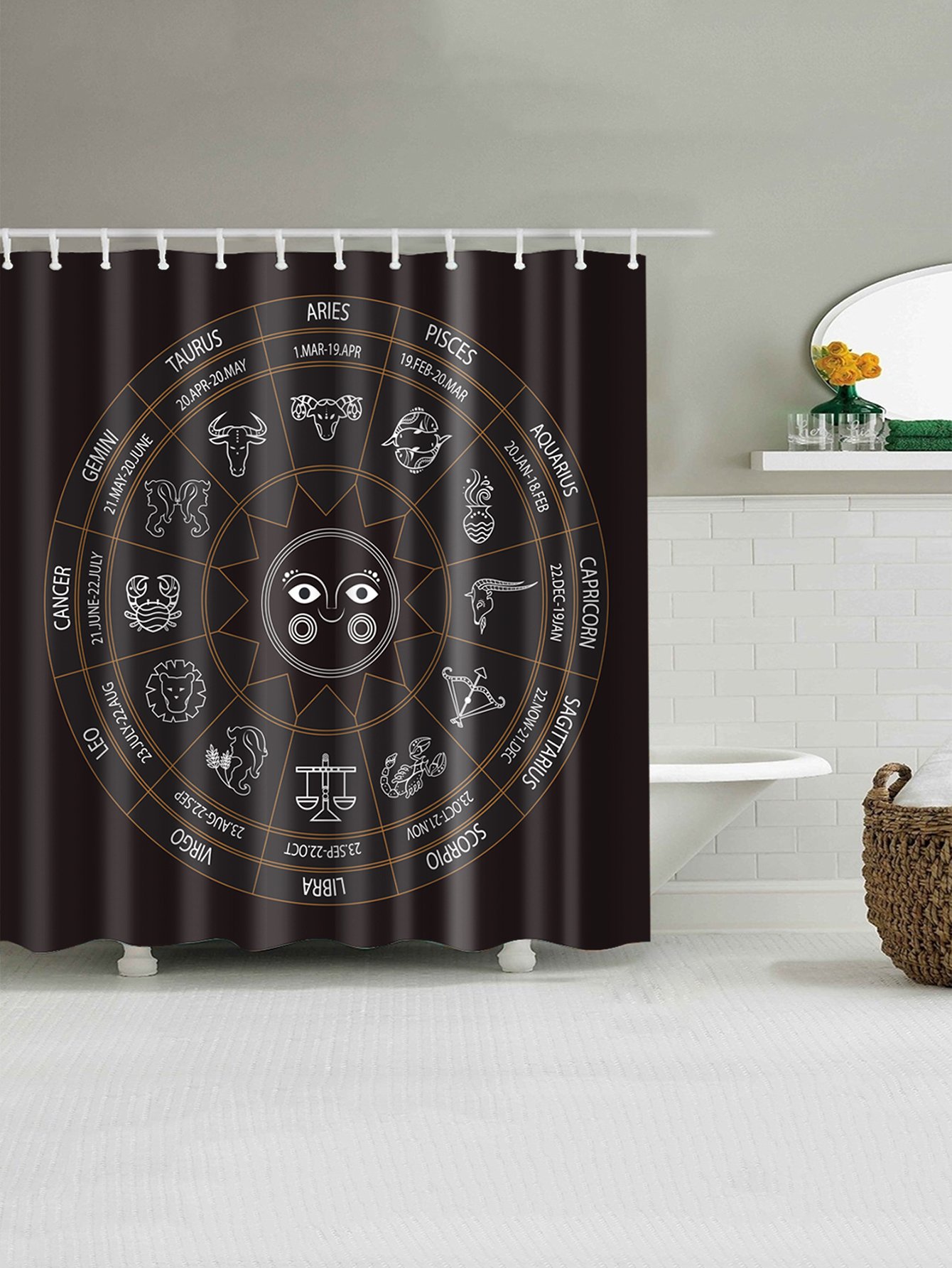 Занавес для душа с рисунками гороскопов и с крючком 12 шт.