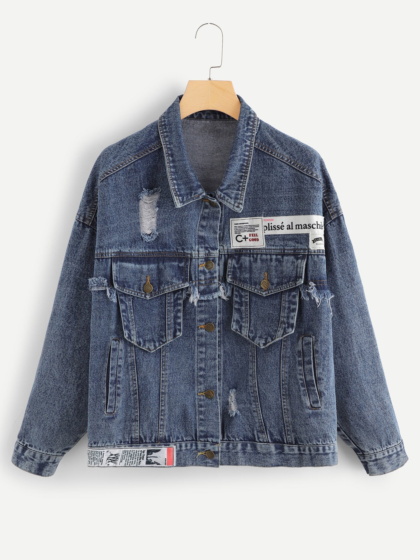 Denim Letter Ripped Pocket Front Button Detail Jacket