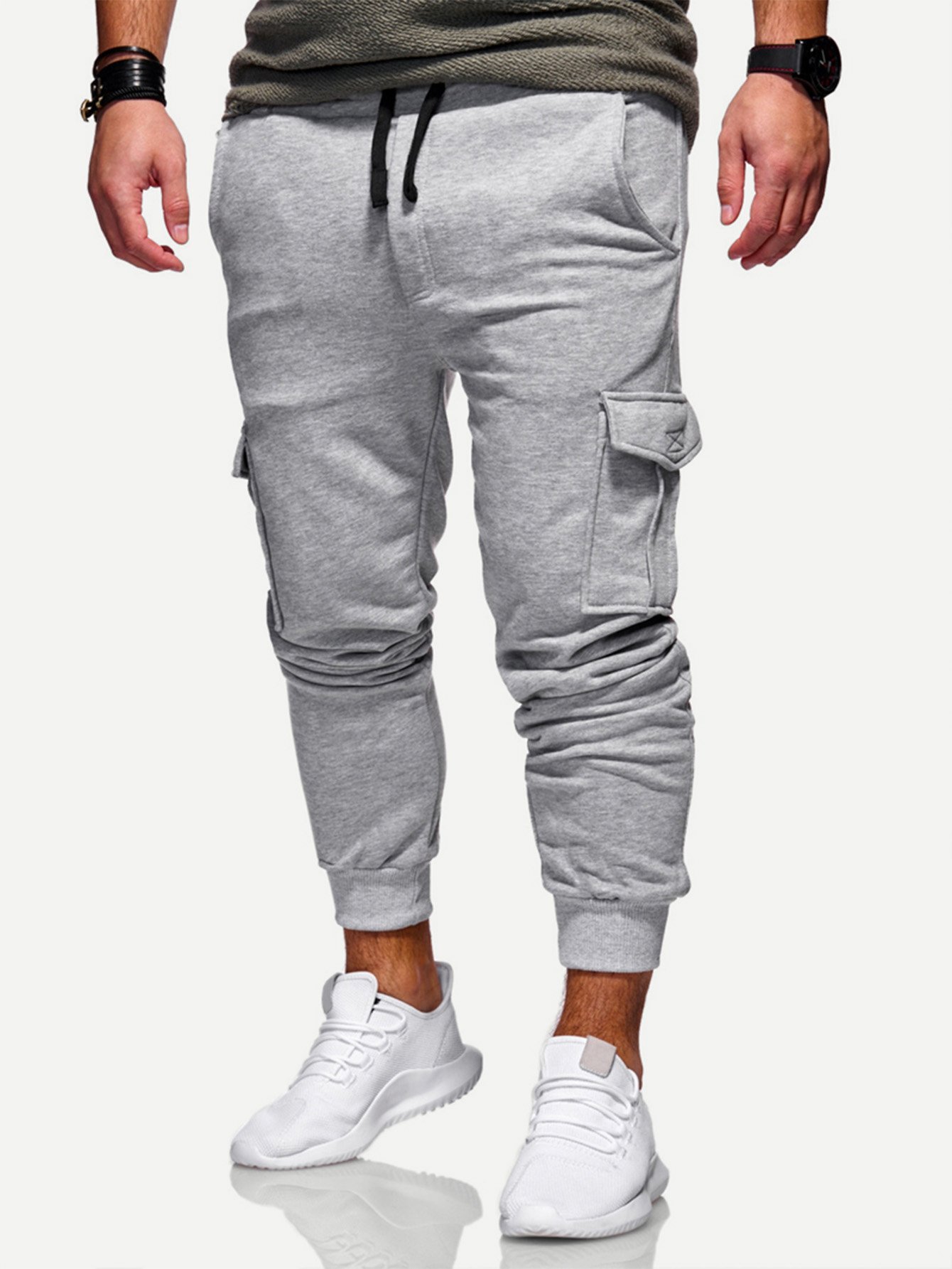 Men Solid Pockets Decoration Drawstring Pants