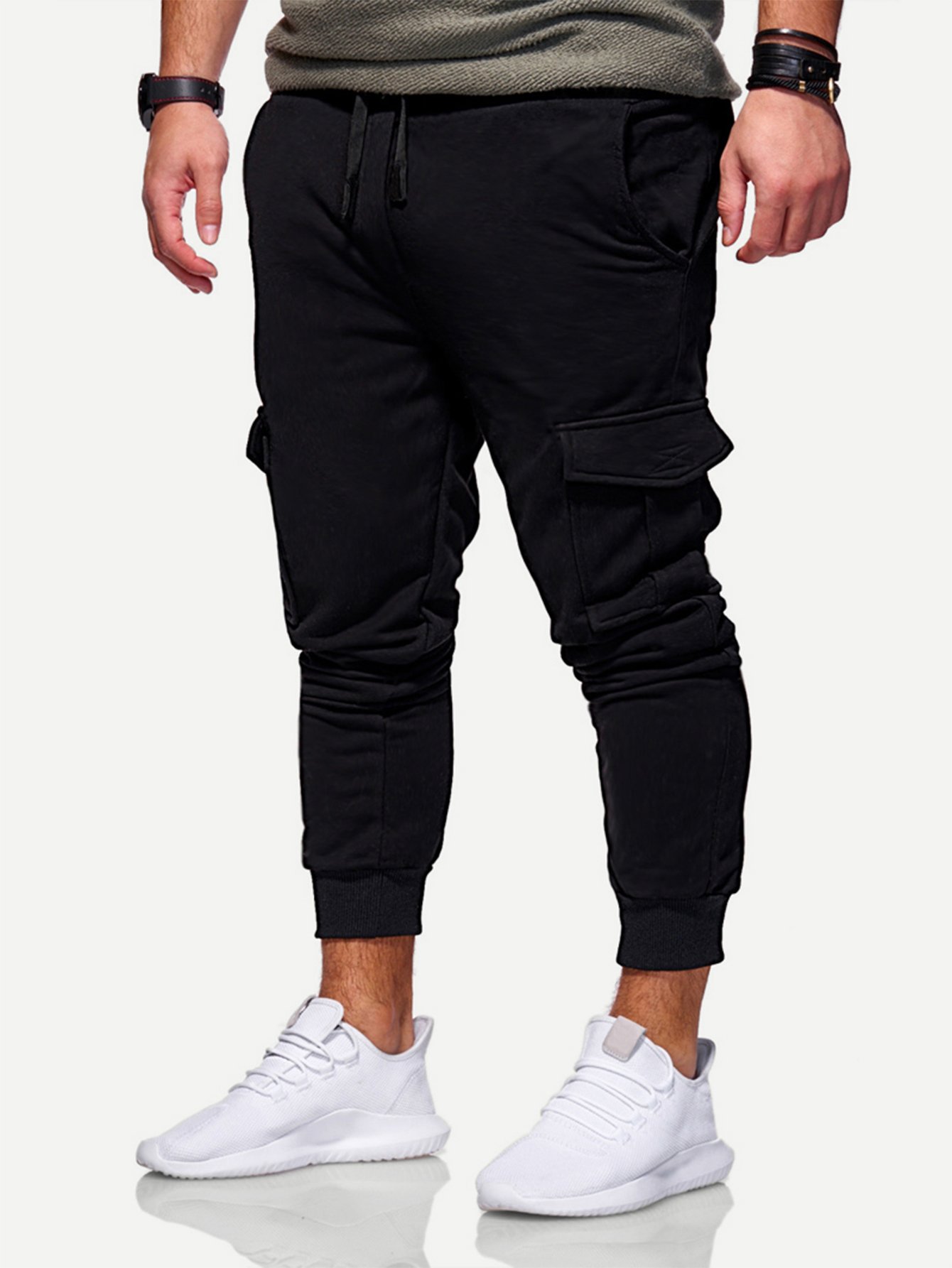 Men Solid Pockets Decoration Drawstring Pants